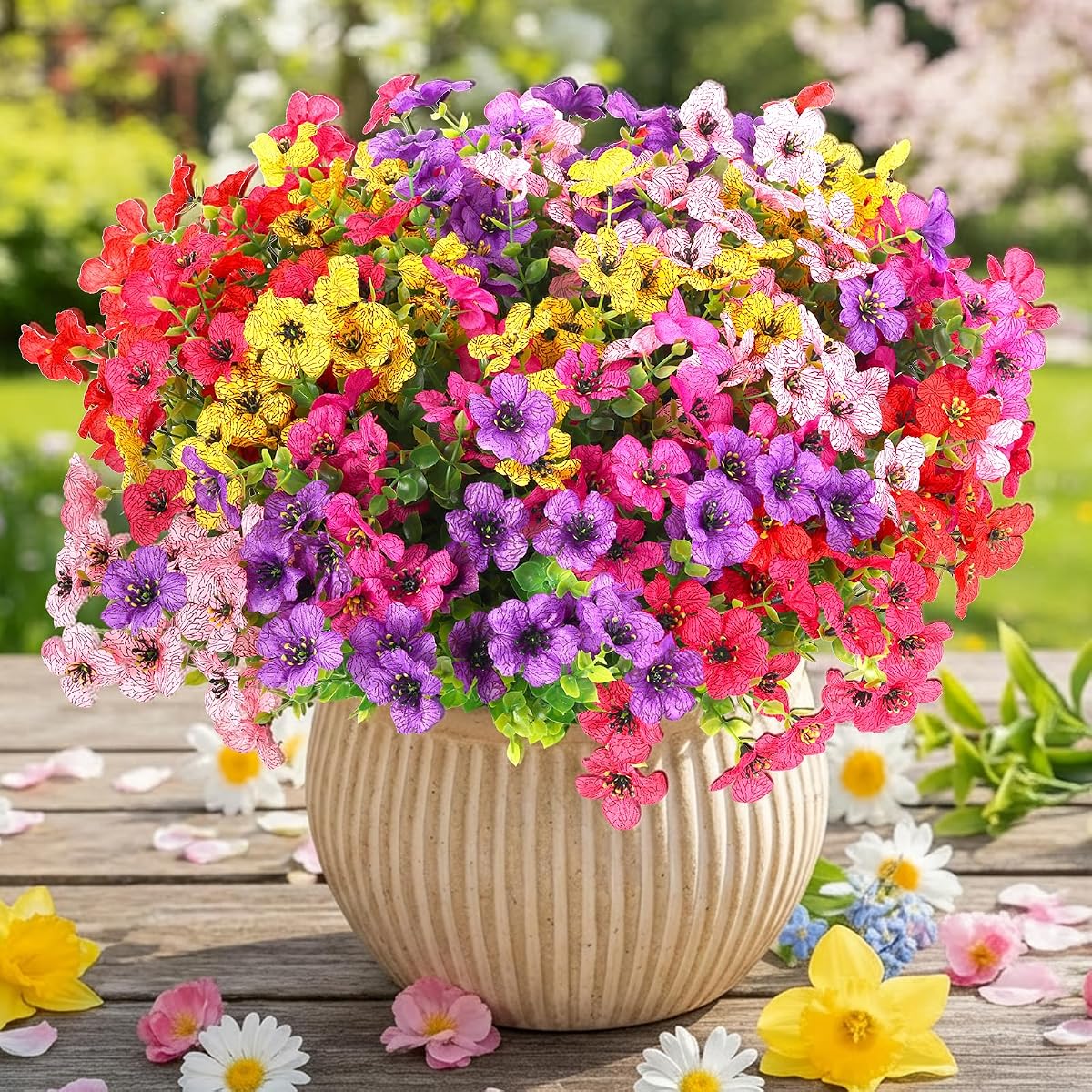 CEWOR Artificial Flowers for Outdoor Indoor, Fake Silk Daisy with Eucalyptus Leaves, Faux Flower for Garden Front Door Porch Planter Patio Home Decor (12 Bundles, 6 Multicolor)