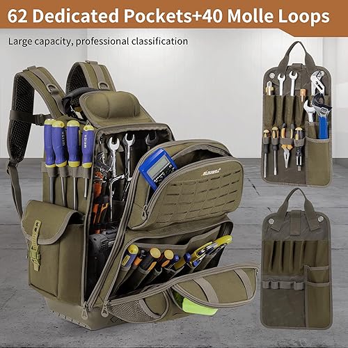 Miniatura 4 de BLISSWILL Mochila de herramientas para hombres, mochila de herramientas resistente con base moldeada impermeable, 62 bolsillos40 bucles bolsas