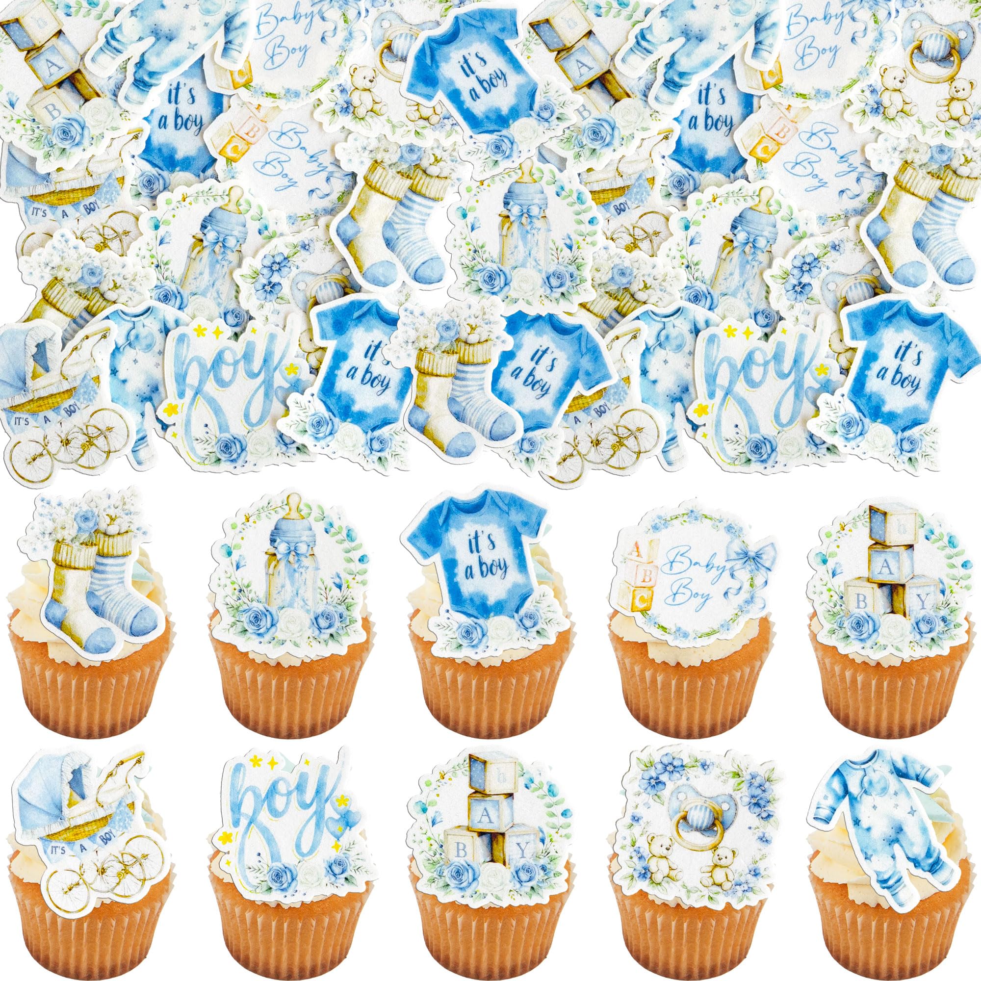 Ephlyn 54Pcs Edible Oh Baby Cupcake Toppers Pacifier Cloud Moon Star Welcome Baby Boy Cupcake Picks Boy Cake Decorations for Baby Shower Boys Birthday Party Supplies Dark Blue