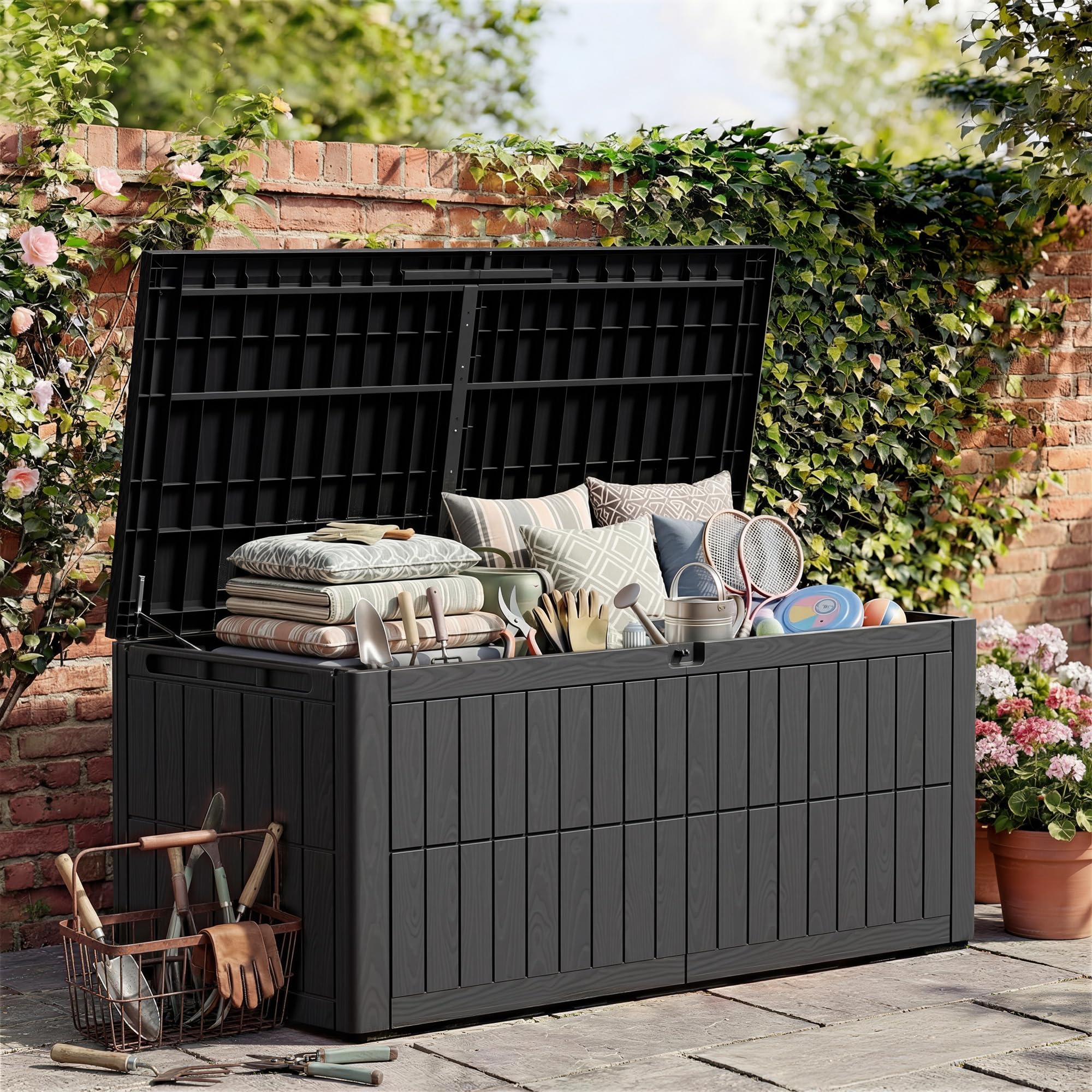 Amopatio 832L Extra Large Garden Storage Box - Wood Effect Outdoor Deck Box & Storage Chest - Heavy Duty Weatherproof Plastic with Lockable Lid & Carry Handles For Patio Cushions, Tools & Toys, Black