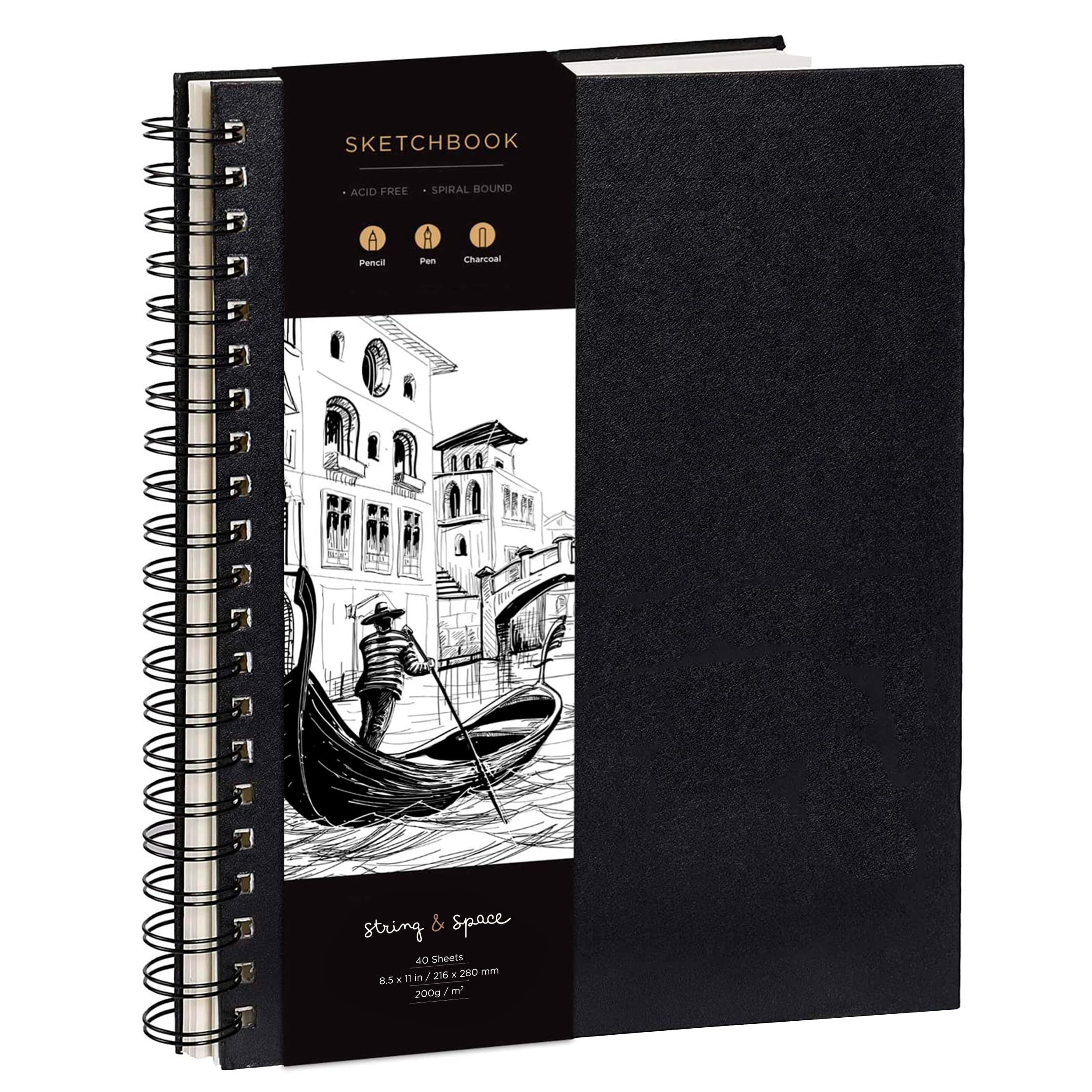 String & Space Artist’s Sketchbook Hardcover – 200GSM Very Thick Paper – Large, Spiral Sketch Book for Drawing and Mixed Media – Sketch Pad, Art Book - 8.25 x 11.4, 40 Sheets / 80 Pages