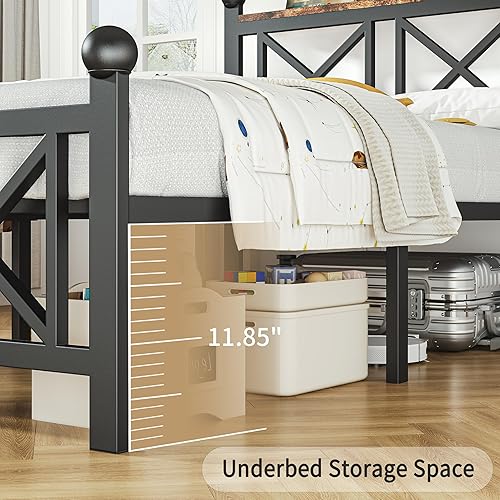 Miniatura 8 de Base de cama negra de tamaño individual con luces LED, cama de metal resistente con cabecera y piecero, estante de almacenamiento con estación de