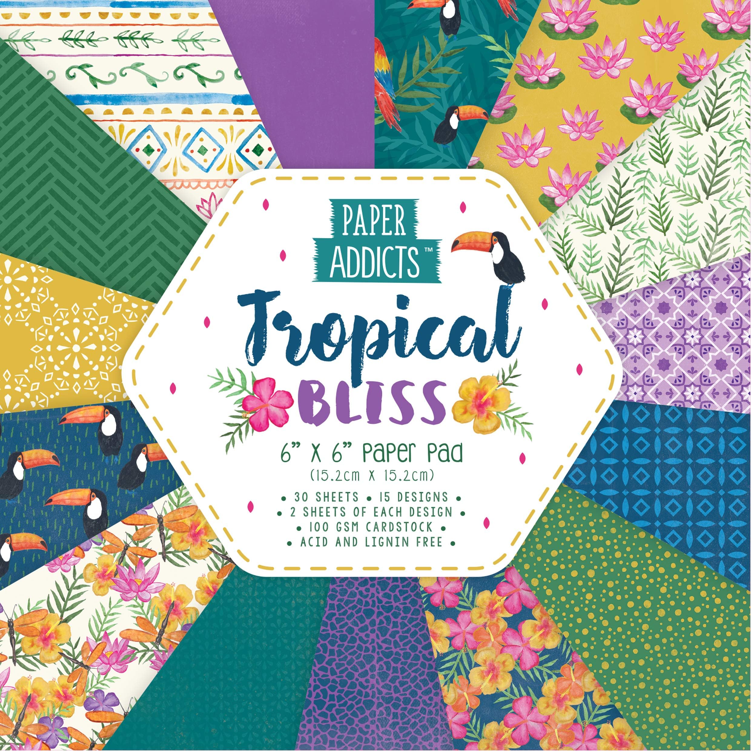 Paper Addicts Tropical Bliss 6"x6" Pad-30 Sheets-15 Designs-100GSM-Acid & Lignin Free-for Card Making, Papercraft, Scrapbooking, Die Cutting and Home Décor, Multicolour, 6" x 6" Paper Pad