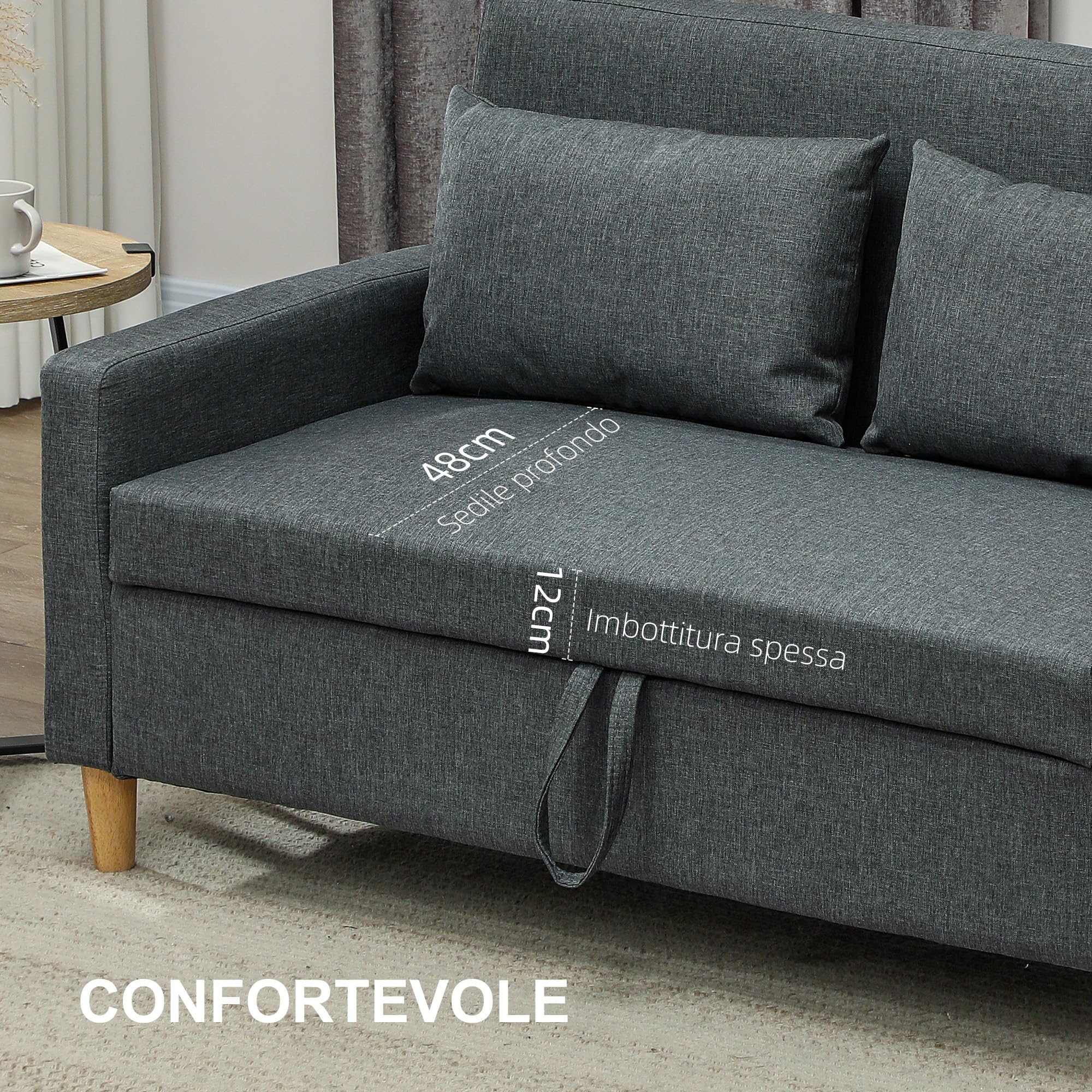 HOMCOM Divano 2 Posti in Tessuto con Braccioli e 2 Cuscini Rimovibili, Divanetto 2 Posti Moderno con Spazio Portaoggetti, Tasche Laterali e Gambe in Legno per Soggiorno e Salotto, 135x72x84cm, Grigio