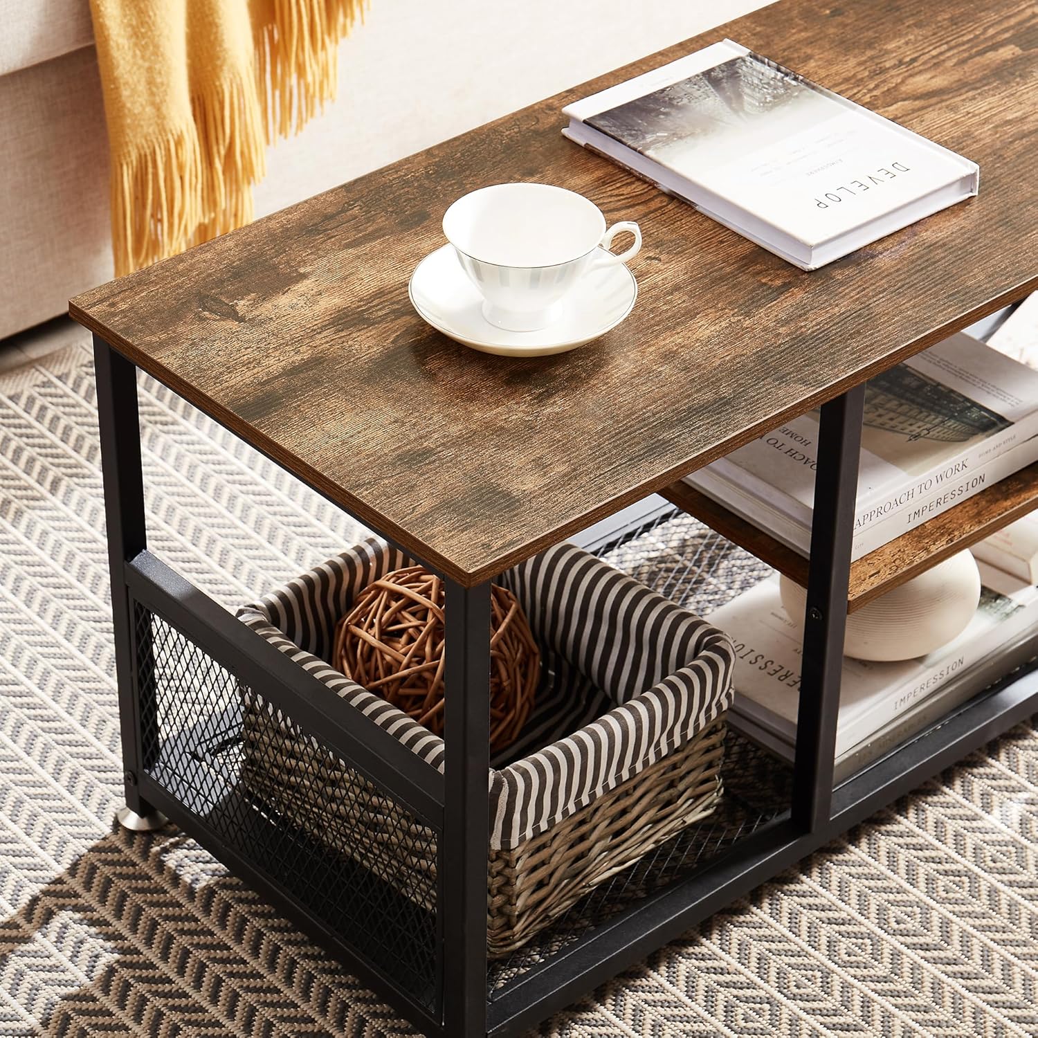 VECELO 39 Coffee Table with Storage Shelf for Living Room Industrial Wood and Metal Frame Easy Assembly Retro Brown