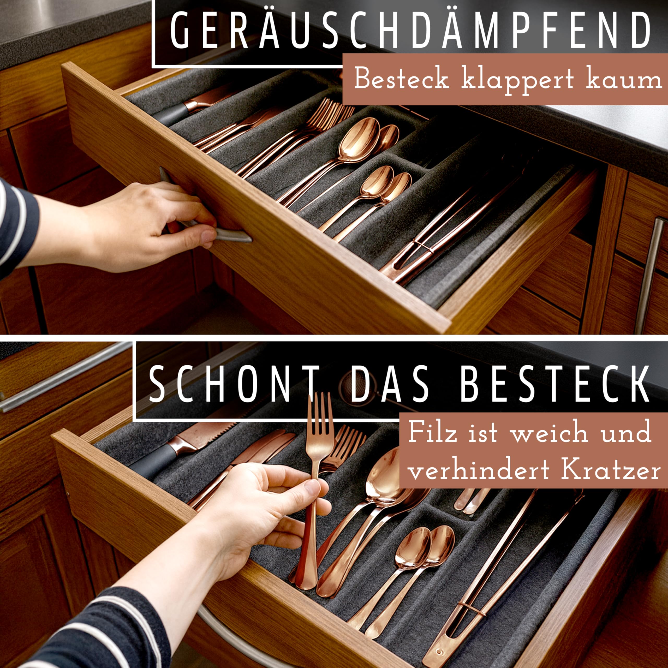 LIVONDO Besteckkasten für Schubladen aus Filz 38 × 32–55 cm – verstellbar, geräuschlos & ohne Plastik, Schubladeneinsatz Besteck, Besteckfach Schublade Küche, Haushalt & Wohnen