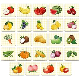 48 Food Matching Puzzles with Error-Correction Mechanism Pre-Primer in 2 Pieces, Perfect for Preschool Learning (24 Blocks Double Sided)