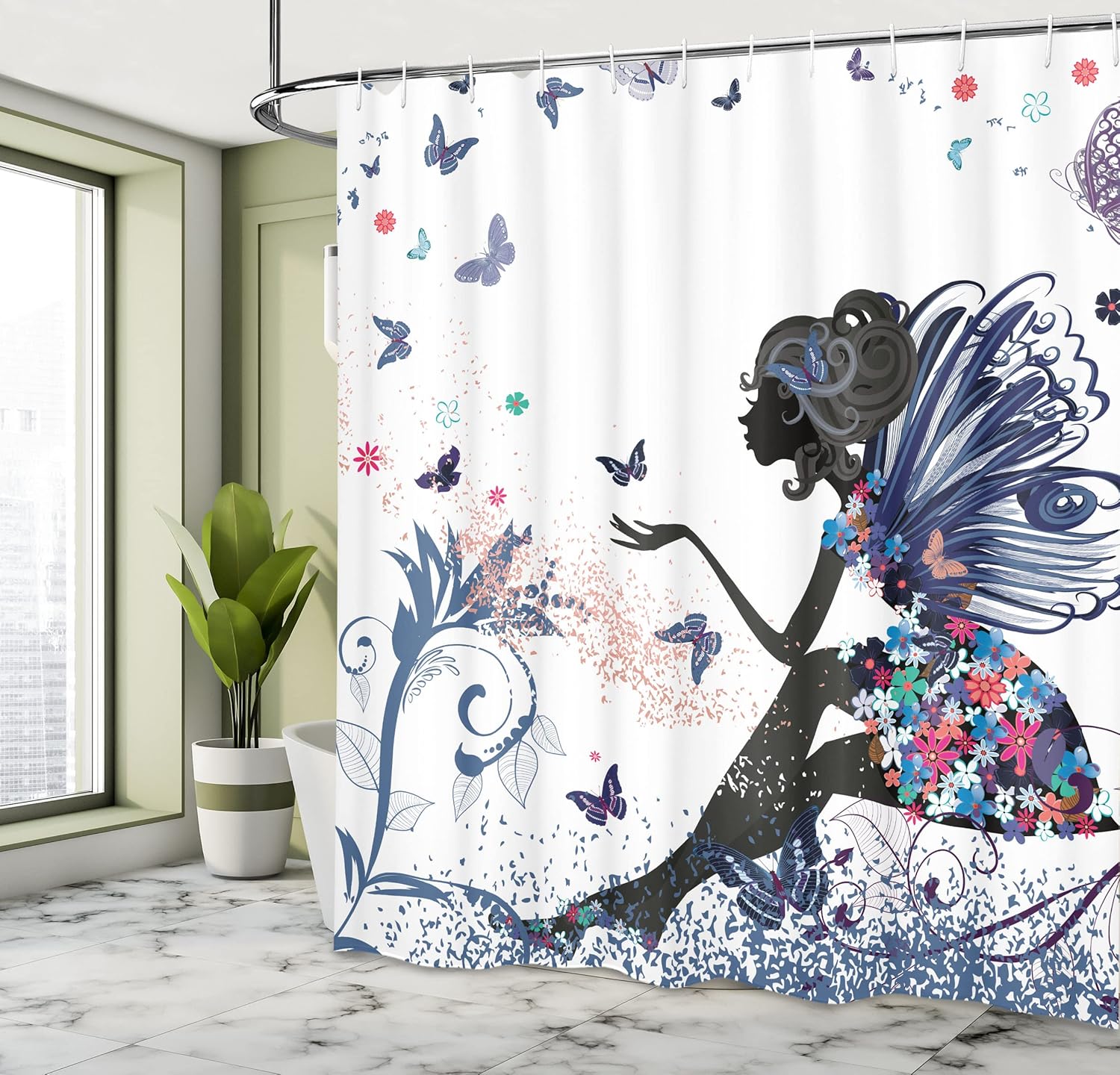 Ambesonne Fantasy Shower Curtain, Spring Girl Wings in a Floral Dress Surreal Garden Butterflies Print, Cloth Fabric Bathroom Decor Set with Hooks, 69" W x 70" L, Navy Blue