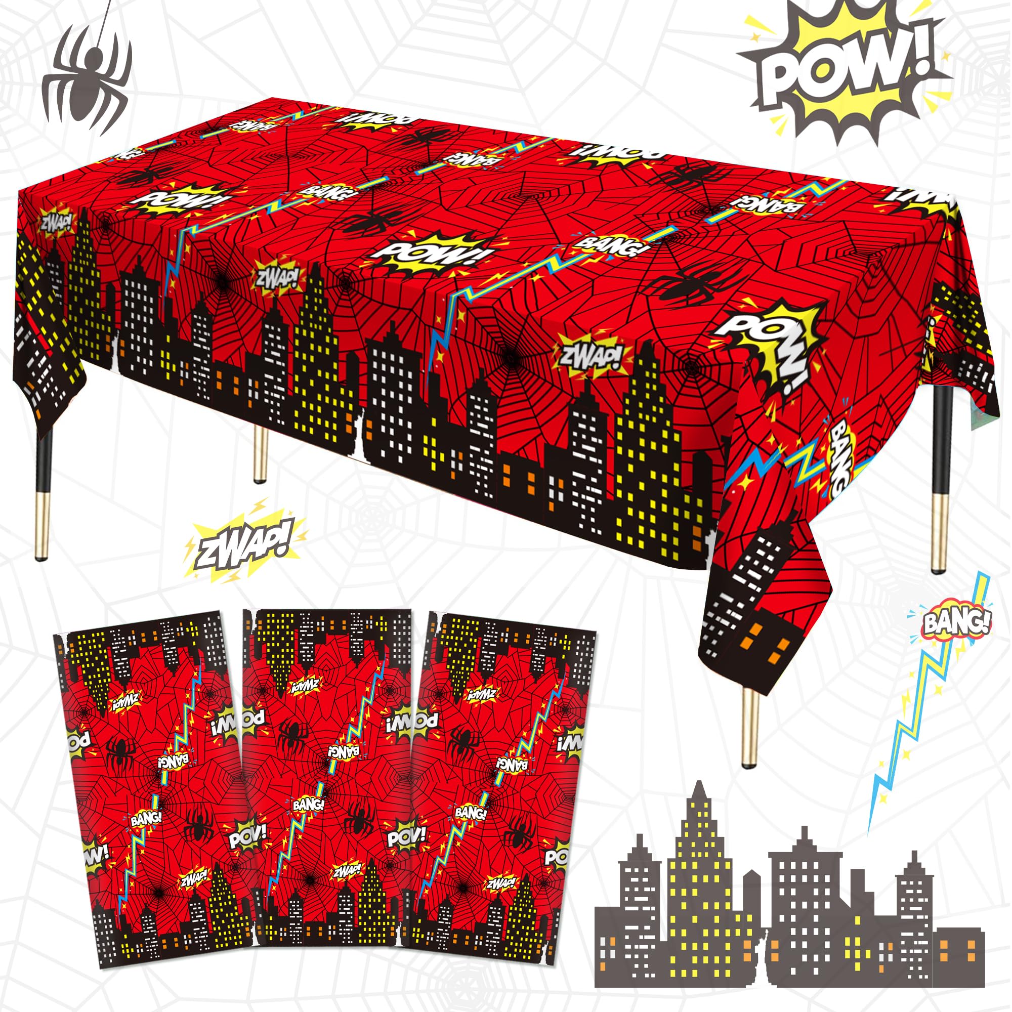 Caoekego Spider Theme Party Tablecloth 3 PCS, Plastic Disposable Superhero Spider Table Cover for Spider Fans Birthday Party Decorations Supplies, 86.6 x 51.2in