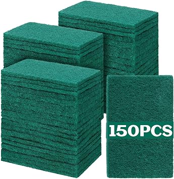 Hoolerry 150 Pcs Heavy Duty Scouring Pads Non Scratch Household Scrub Pads for Cleaning Reusable Pan Scrubber Anti Grease Scrubbing Pads for Dish Kitchen Metal Grills, 4.3 x 3 x 0.3 in Green
