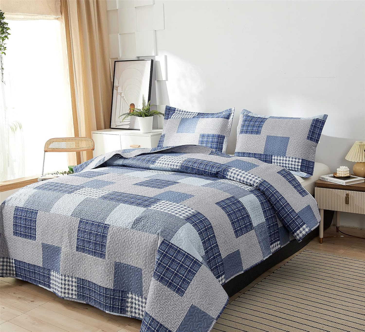 Dubuy Bedspread Set Twin Size Quilt Set, 3-Piece Microfiber Plaid Bed Spread Coverlet Blue White Plaid Patchwork Modern Quilt Bedding Set Soft Lightweight Reversible Quilts