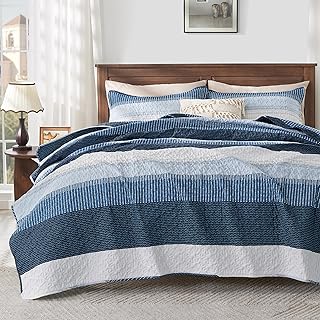 Andency Navy Blue Striped Quilt Queen(90x96Inch), 3 Pieces (1 Striped Quilt and 2 Pillowcases) Patchwork Bedspread Coverlet Set, Soft Microfiber Lightweight Quilted Bedding Set