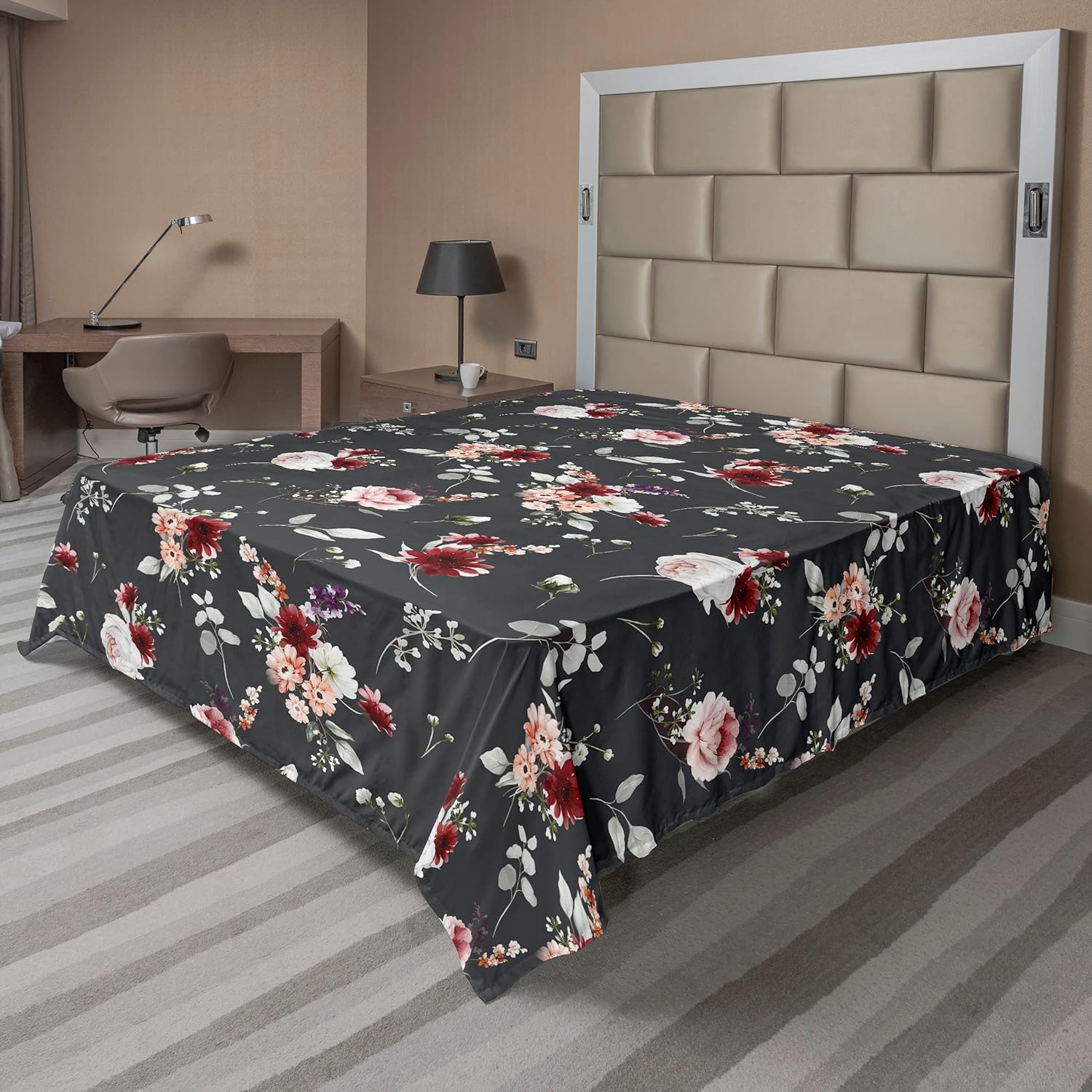 Ambesonne Flowers Vintage Flat Sheet, Wild Life Blooming Flora and Leopard Skin Pattern Print Boho, Soft Comfortable Top Sheet Decorative Bedding 1 Piece, Queen Size, Rose Dark Coral Vermilion