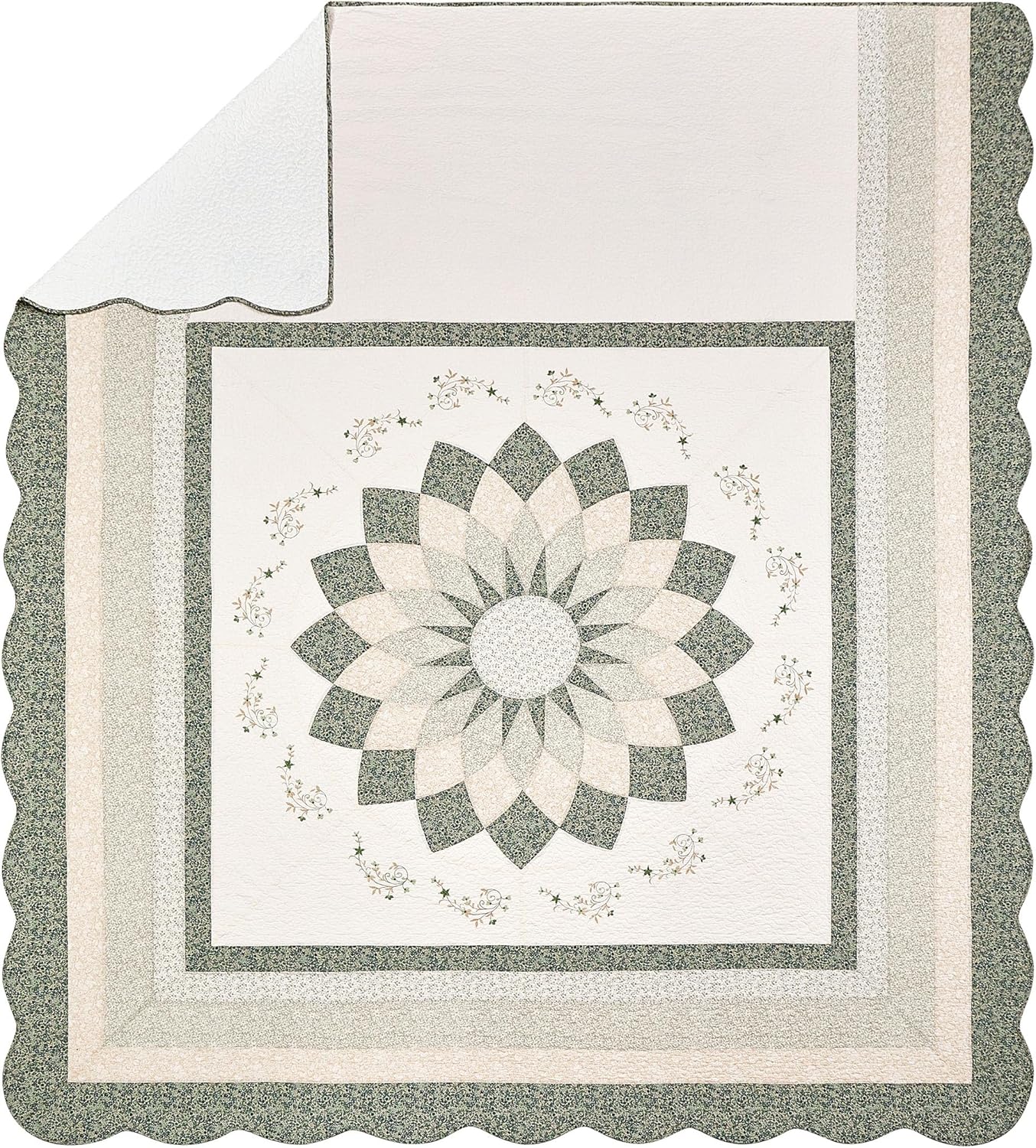Modern Heirloom Harper Green Floral Embroidered Quilted Bedspread - Lightweight Breathable All Seasons Bedding, King Size