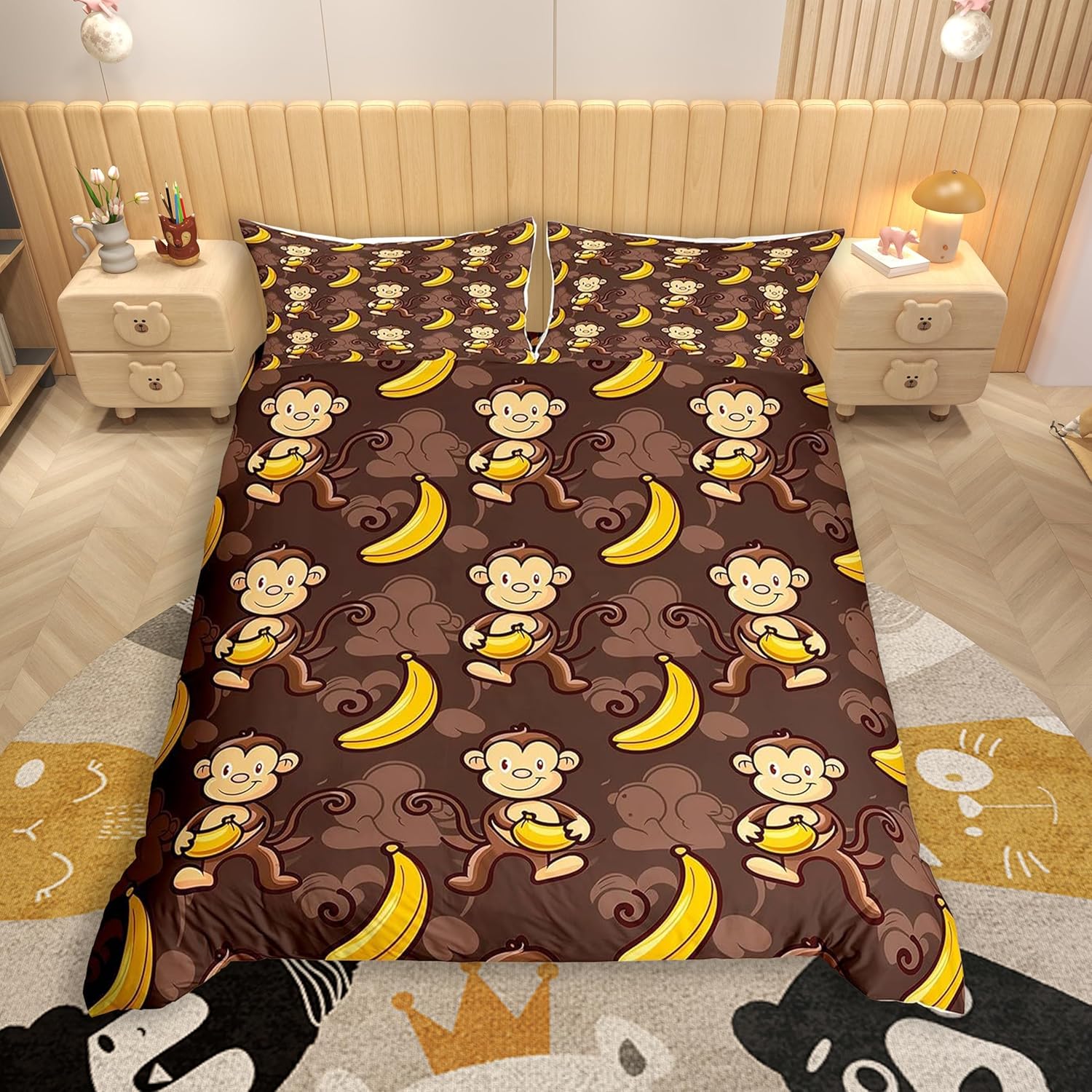 jejeloiu Monkey Bedding Set Full Size Kids Banana Comforter Cover for Boys Girls Teens Cute Cartoon Animals Duvet Cover Soft Lightweight Microfiber Room Decor,No Stuffing