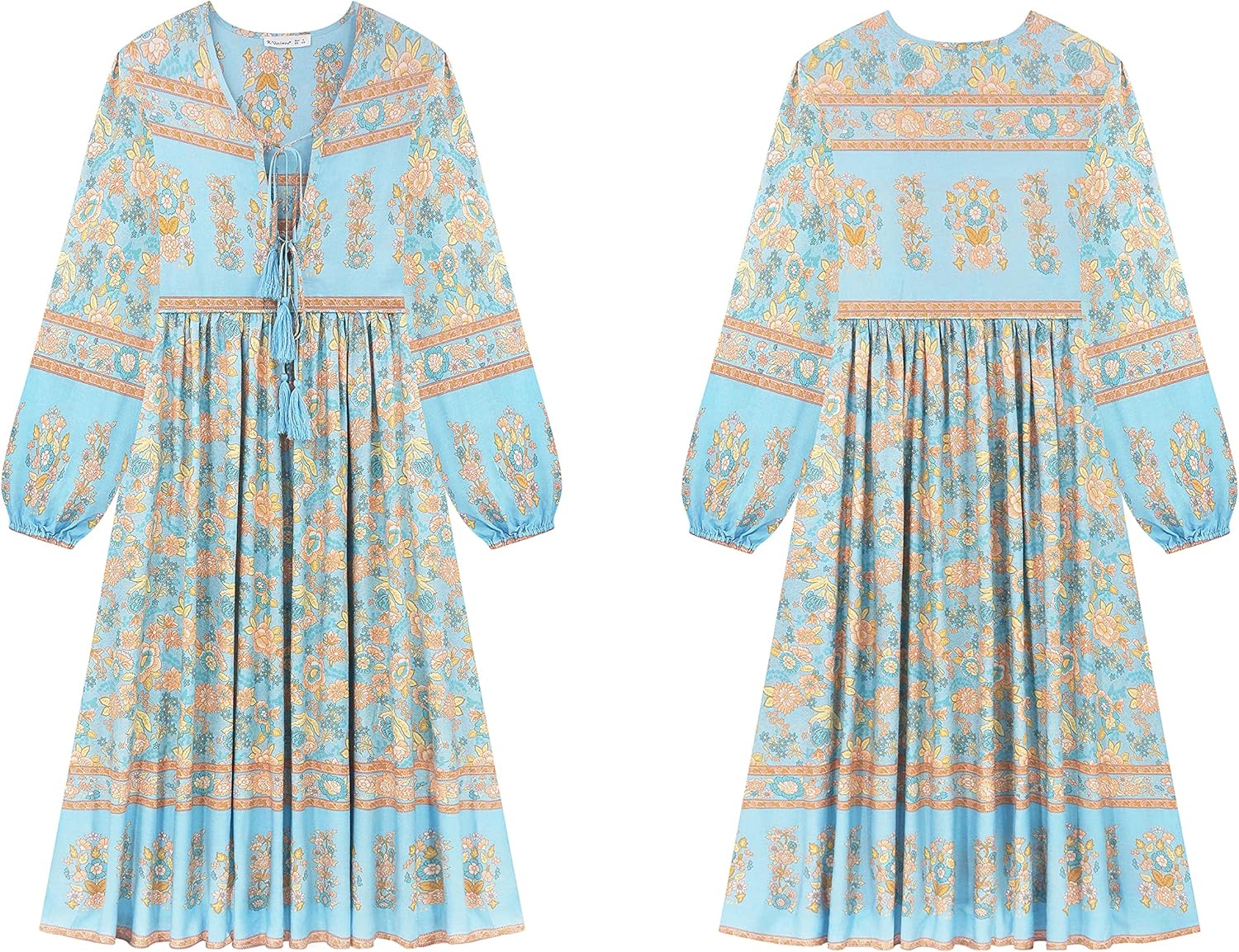 R.Vivimos Women's Long Sleeve Floral Print Retro V Neck Tassel Bohemian Midi Dresses - Image 6