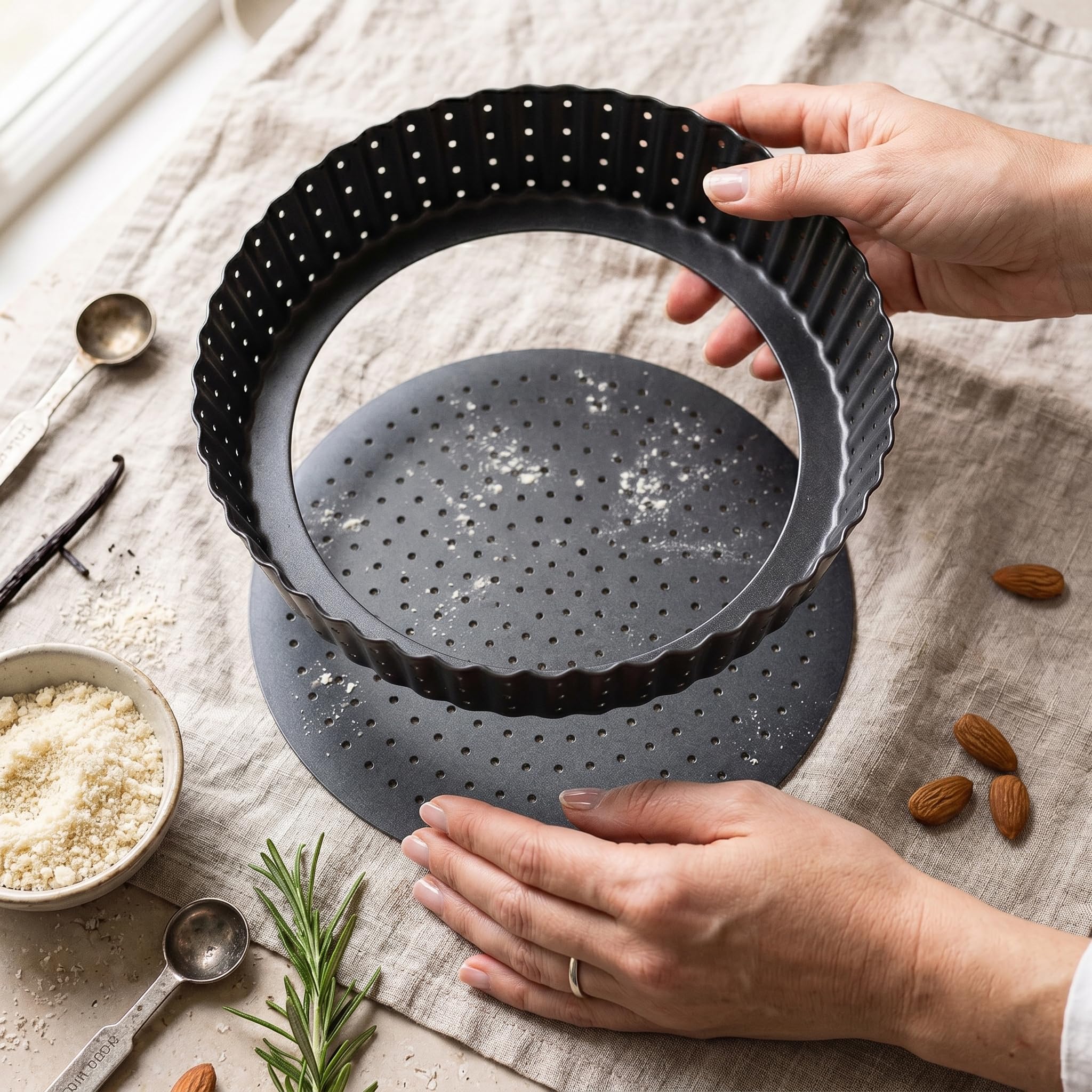 Moule à Tarte Perforé - Moule à Quiche avec Fond Amovible - Plat/Moule Tartelette - Moules à Gâteaux Rond - Revêtement Antiadhésif - Moule à Flan Haut - Ø 24 cm - Hauteur 5 cm