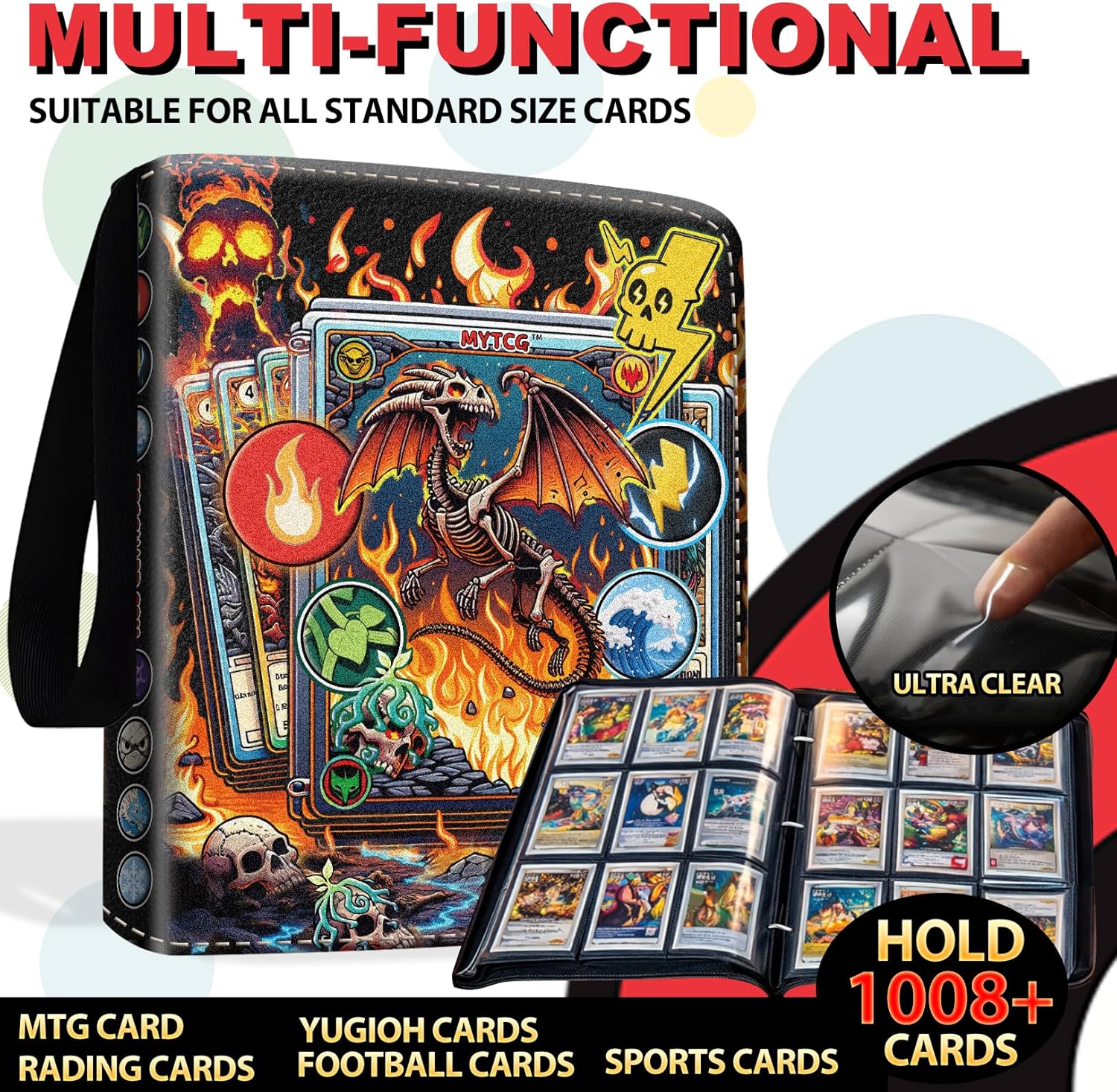 1008 Card Binder 9 Pocket, 3-Ring Trading Card Binder with 56 Page Removable Sleeves, High Storage Waterproof Trading Card Holder Collection Card Album Carrying Organizer Case for MTG TCG Cards-Dragon