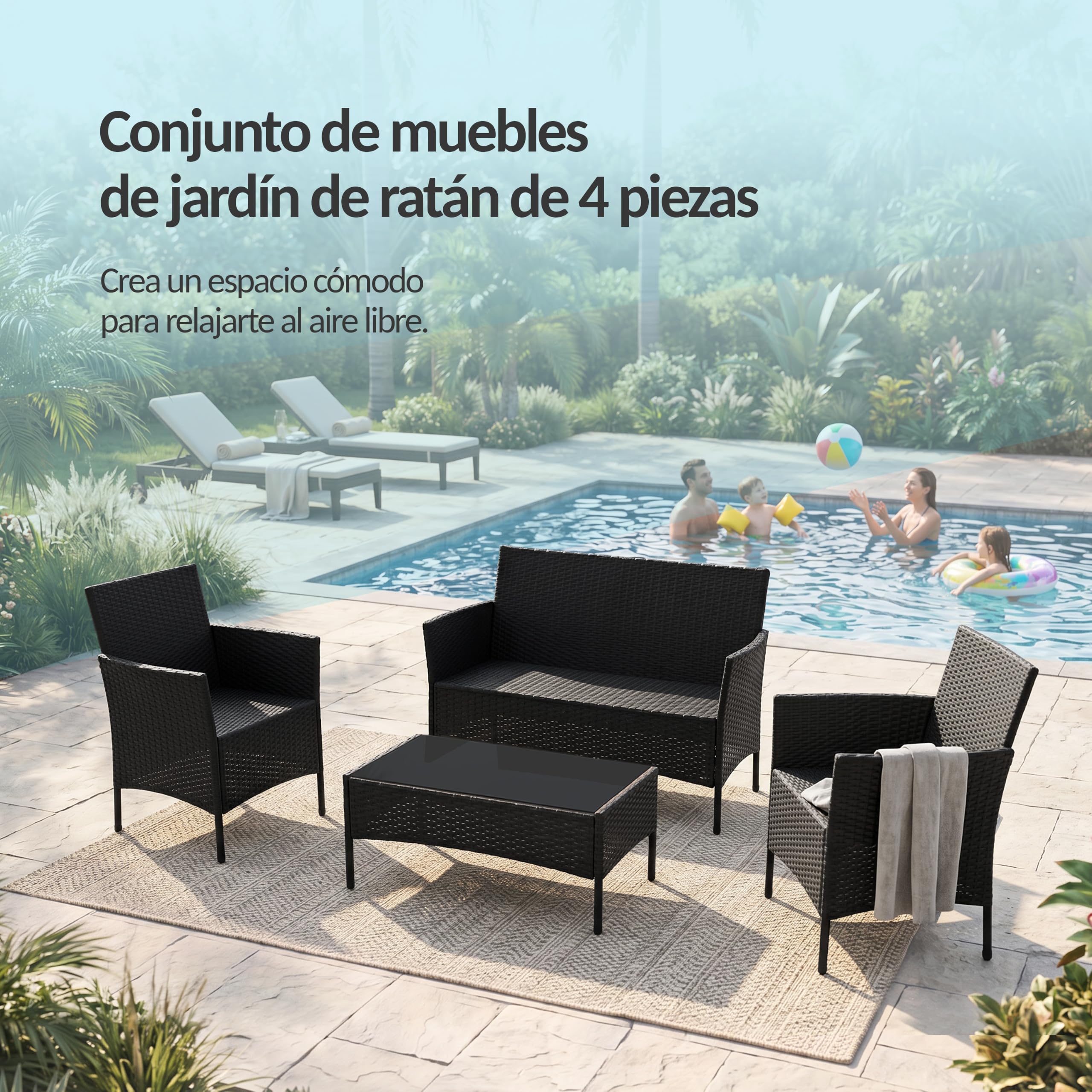 POKAR Conjunto Jardín Ratán Negro con Cojines de Asiento Antracita