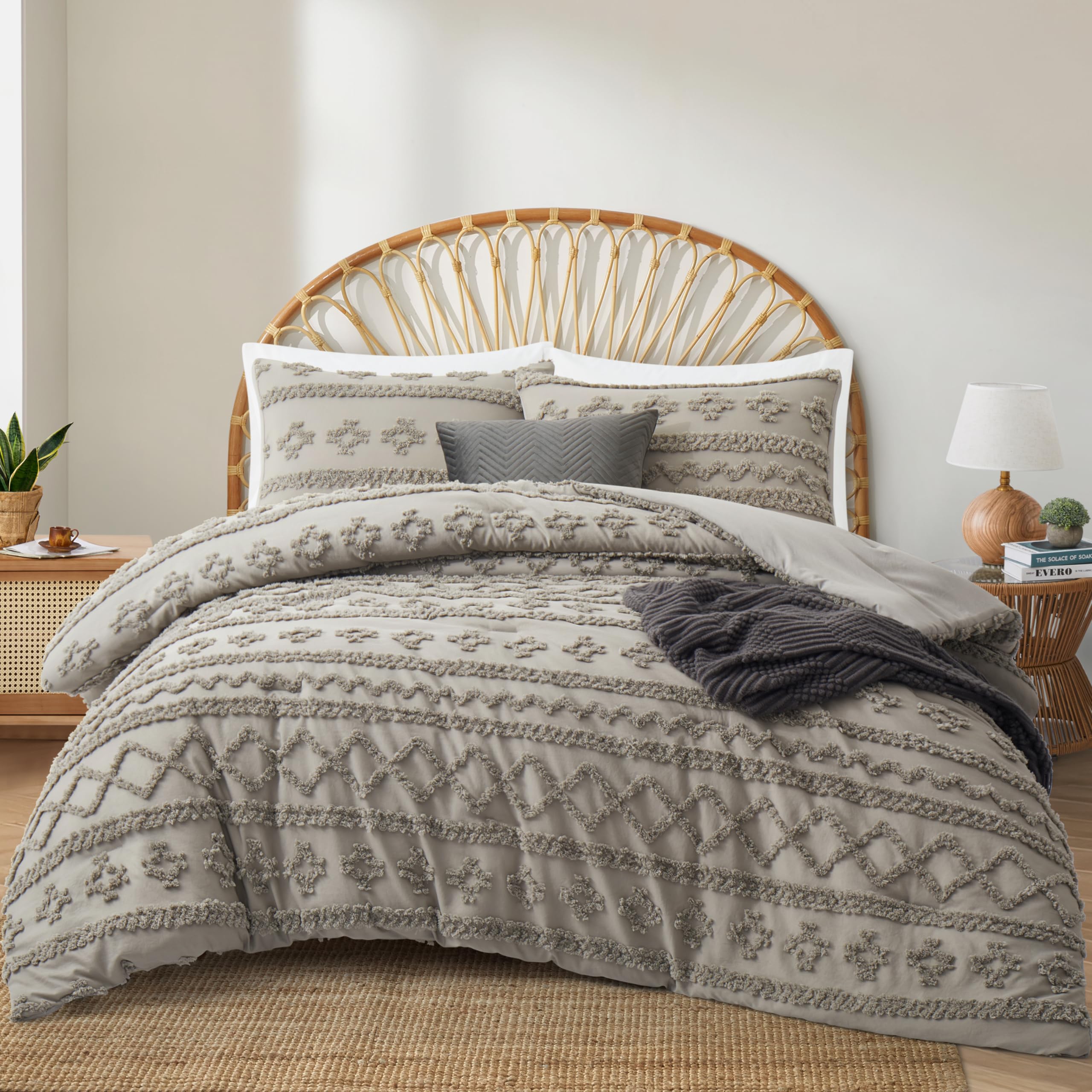 Oli AndersonLight Grey King Comforter Set Tufted Bedding Set King 3 Pieces, Boho Shabby Chic Comforter with 2 Pillowcases (Light Grey,King)