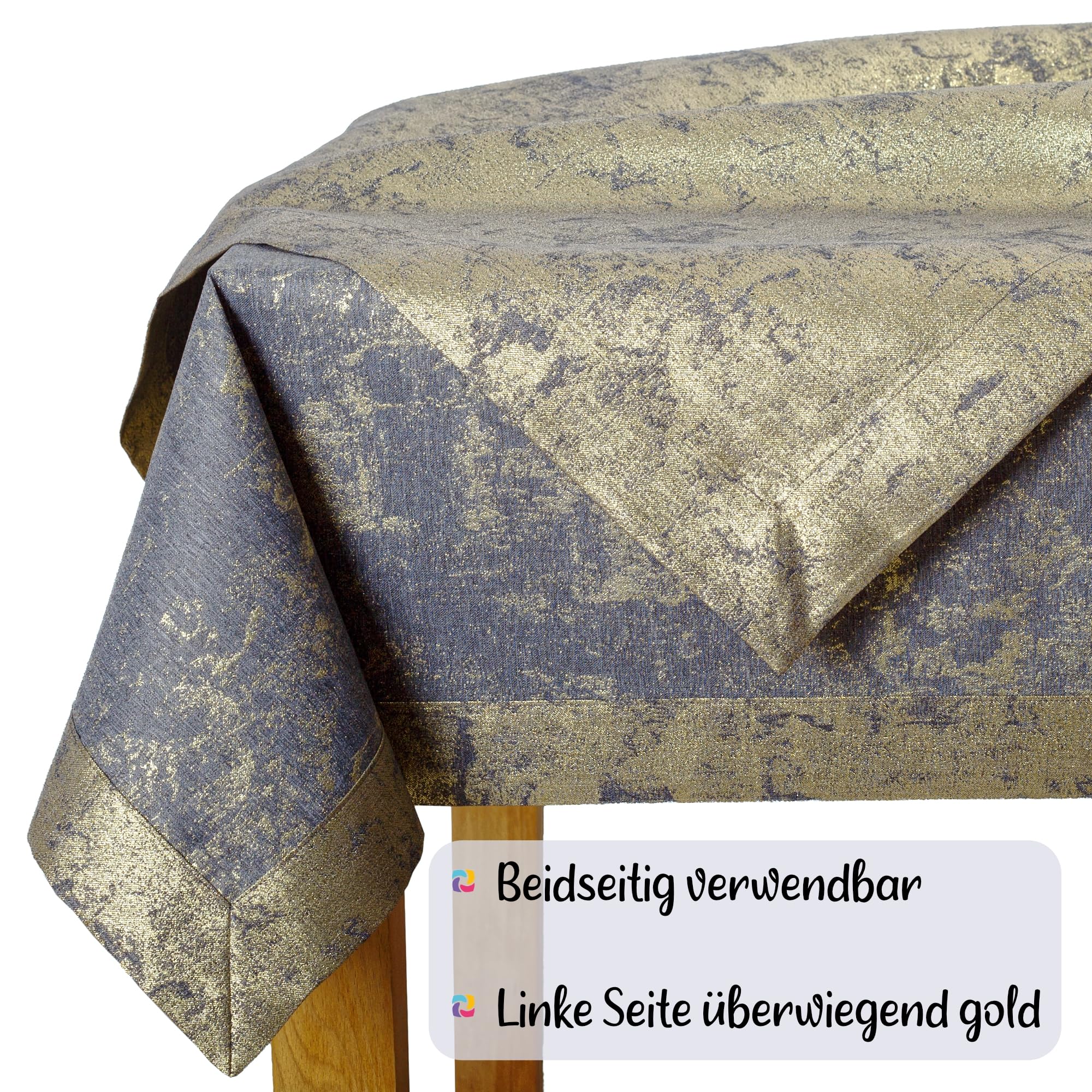 Tischdecke Grau Gold 140x220 - modernes Tischtuch aus Polyester mit Goldakzenten, wasserabweisend mit Lotuseffekt, hochwertiger Kuvertsaum 5 cm, Fleckschutz, pflegeleicht - O5-6112-2502-Z