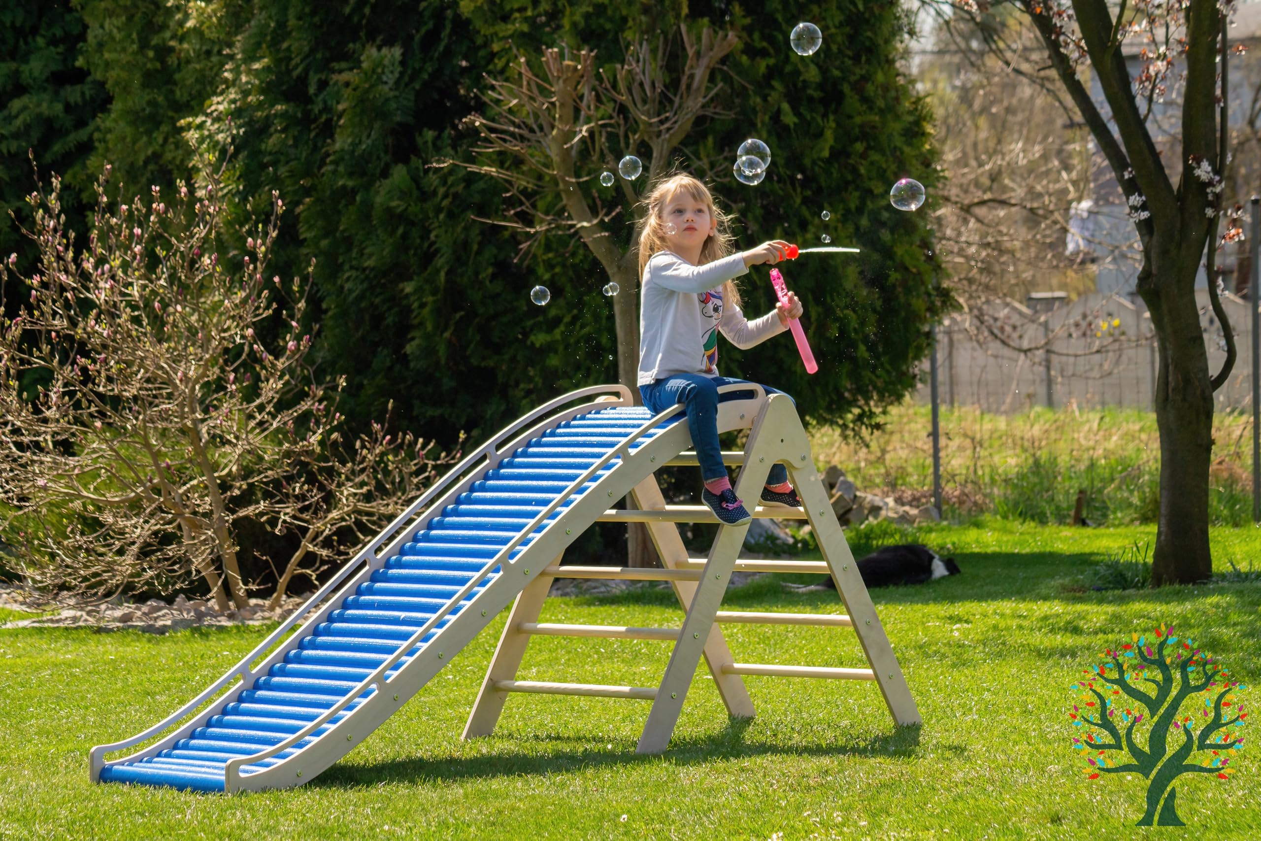 WoodsCraft 3in1 Wellenrutsche mit Kletterdreieck, Sprossenwand für Kinderzimmer & Kinderzelt Indoor | Rutsche Outdoor & Indoor | Kinderrutsche-Rollenrutsche | Kinder & Baby Rutsche für den Garten
