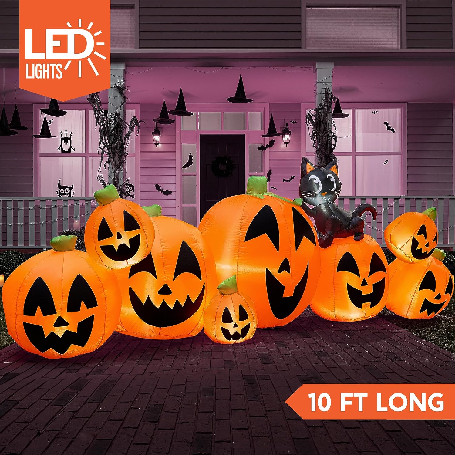 Joiedomi 10 FT Long Halloween Inflatables Outdoor Decorations, Blow Ups Inflatable Pumpkin for Yard with Witch's Cat, 8 Pcs Blow Up Pumpkin Decor for Halloween Decorations Outside