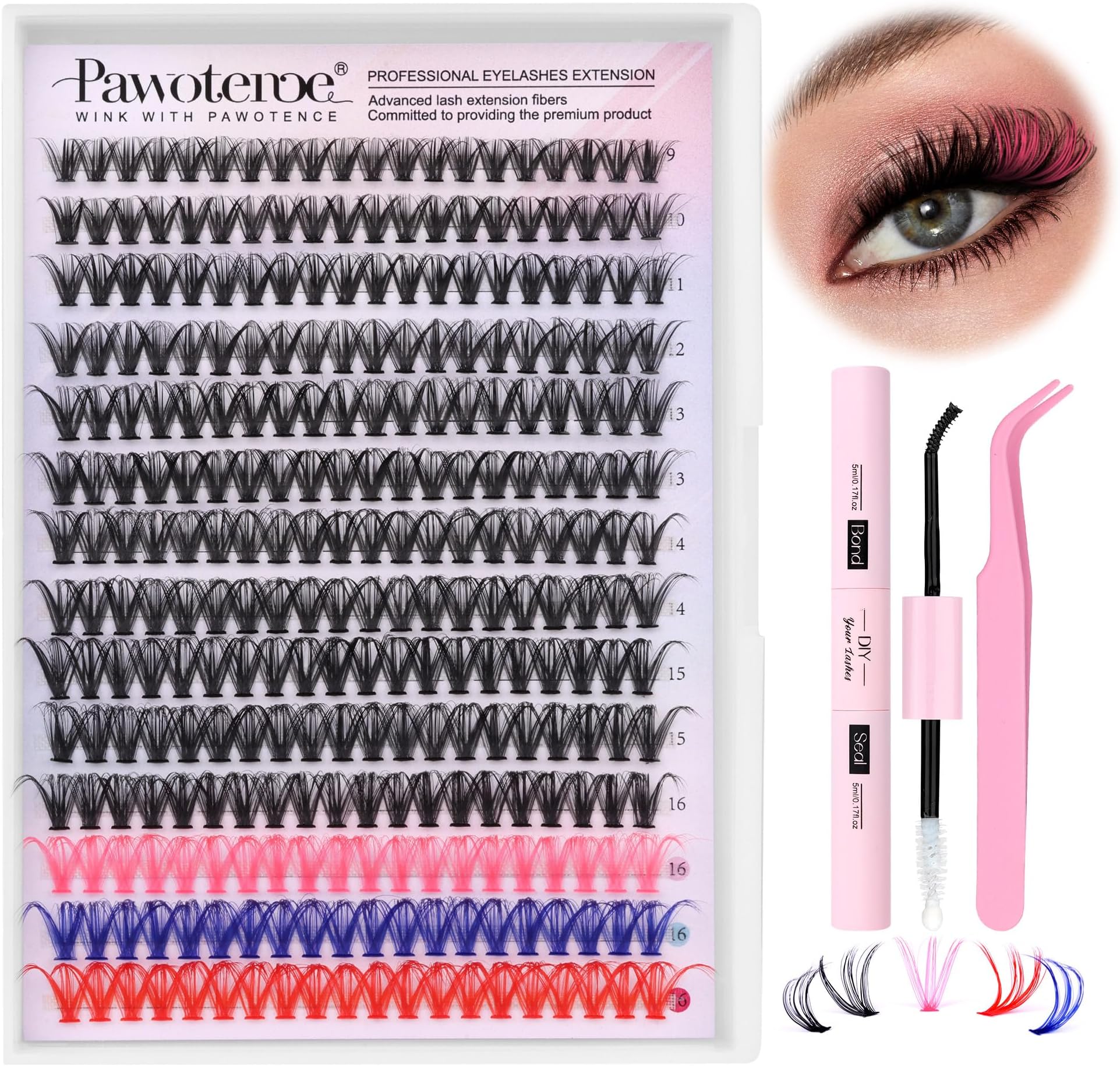Pawotence Lash Extension Kit DIY Individual Lash Clusters Eyelash Extension Kit 9-16mm Lash Clusters Colored with Lash Bond and Seal, Lash Tweezers for Self Application (40D, 9-16mm, Color Kit)