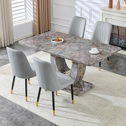 Miniatura 51 de JUFU Juego de mesa de comedor moderno para 6, juego de mesa de cocina de 63 pulgadas con mesa de mármol sintético y 4 sillas tapizadas de piel