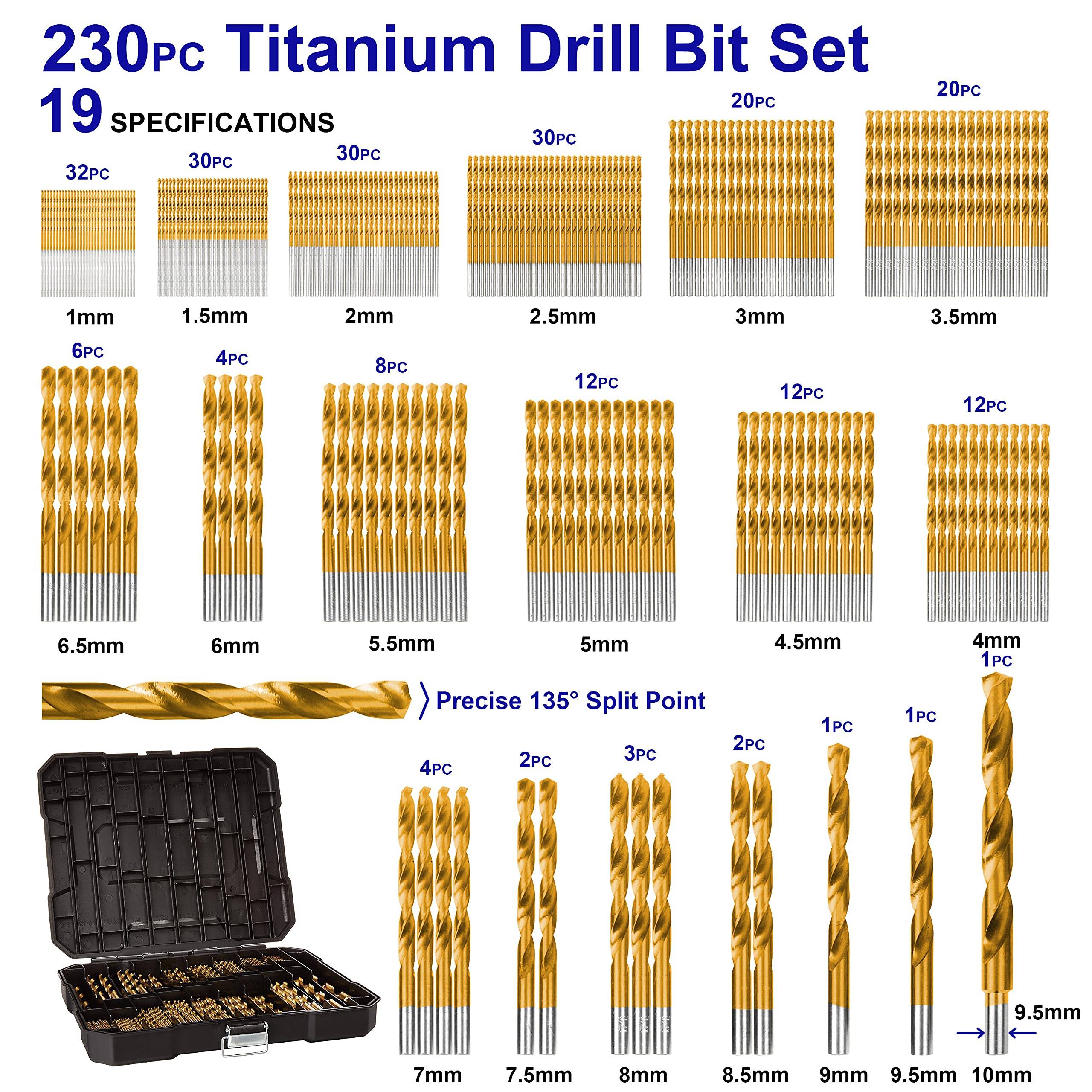 Set di punte per trapano in titanio, 230 pezzi, set di punte per trapano, accessori per legno, metallo, lega di alluminio, dimensioni metriche