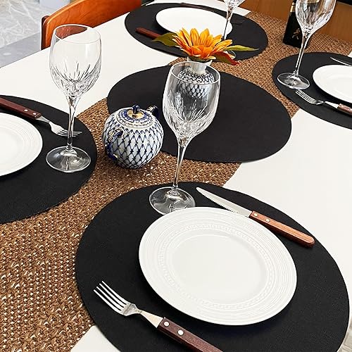 Miniatura 2 de SLOW COW Juego de 4 manteles individuales redondos de lino para mesa de comedor, manteles individuales de 15 pulgadas, lavables, color negro