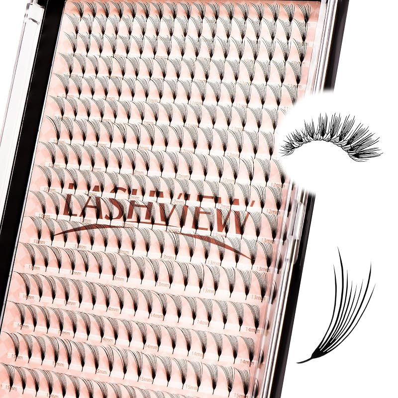 Extensões de cílios LASHVIEW Premade Volume, bandeja mista com fans pré-montados, base fina pontiaguda (PFE01)