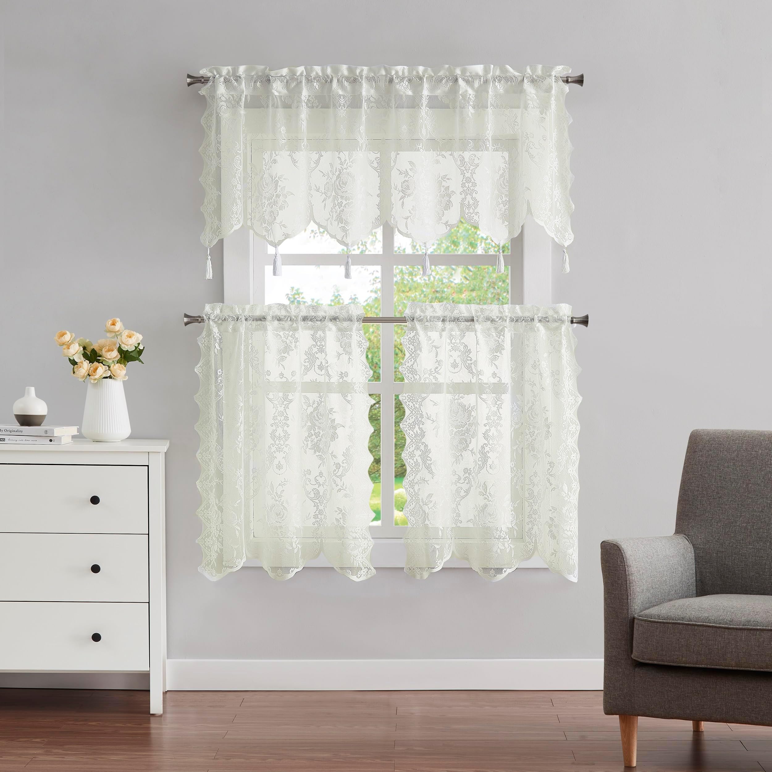 LinenZoneIvory Tiers and Valance Kitchen Set Includes 2 30 x 36 Café Curtains and 1 Kitcen Valance with 6 Tassels. Classic English Rose Design. (Luna Set, Ivory)