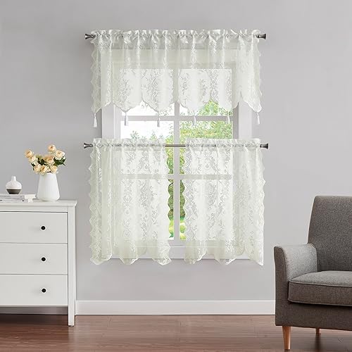 Miniatura 19 de Warm Home Designs El juego de cortinas y cenefas de cocina de encaje de 3 piezas incluye 2 niveles de café de 30 x 24 pulgadas y cenefa de encaje