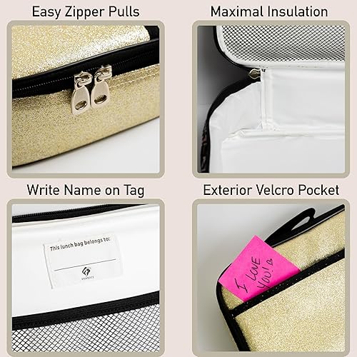 Miniatura 4 de Lonchera dorada con purpurina para niñas, mujeres, lonchera aislada para niños, perfecta para la escuela, el trabajo, compartimentos laterales