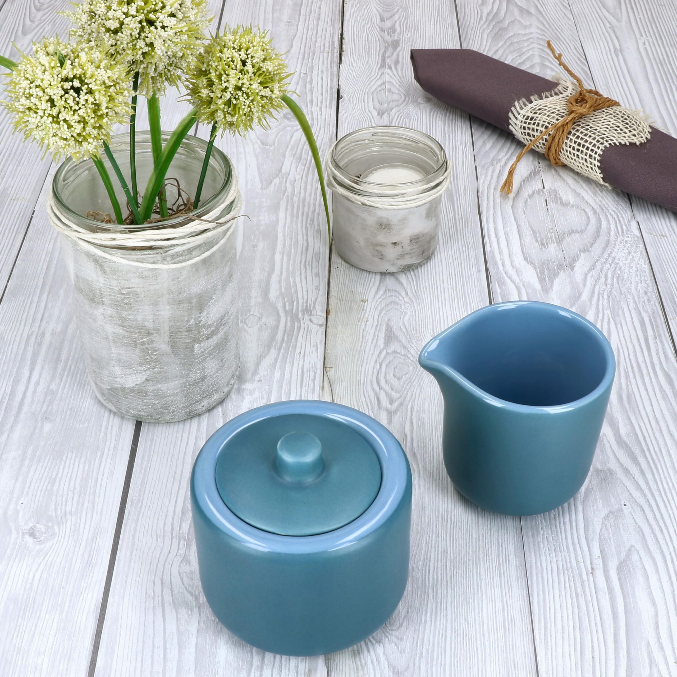 Ritzenhoff & Breker Jasper 2tlg. Set Milchkännchen 140ml & Zuckerdose 240ml Ozeanblau I Sahne-Kanne, Gießer für Kondensmilch, Dose mit Deckel für Würfelzucker I Kaffee-Zubehör