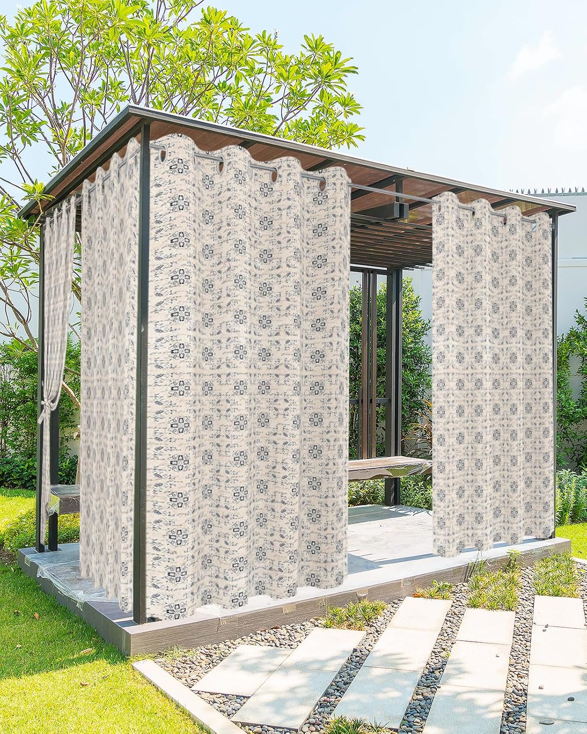 Indoor Outdoor Curtains for Patio Vintage Middle Agesl Floral Text Outside Curtains Waterproof Grommet Privacy Drapes Light Filter Curtain for Porch Pergola Gazebo 52" Wx84 L 2 Panels