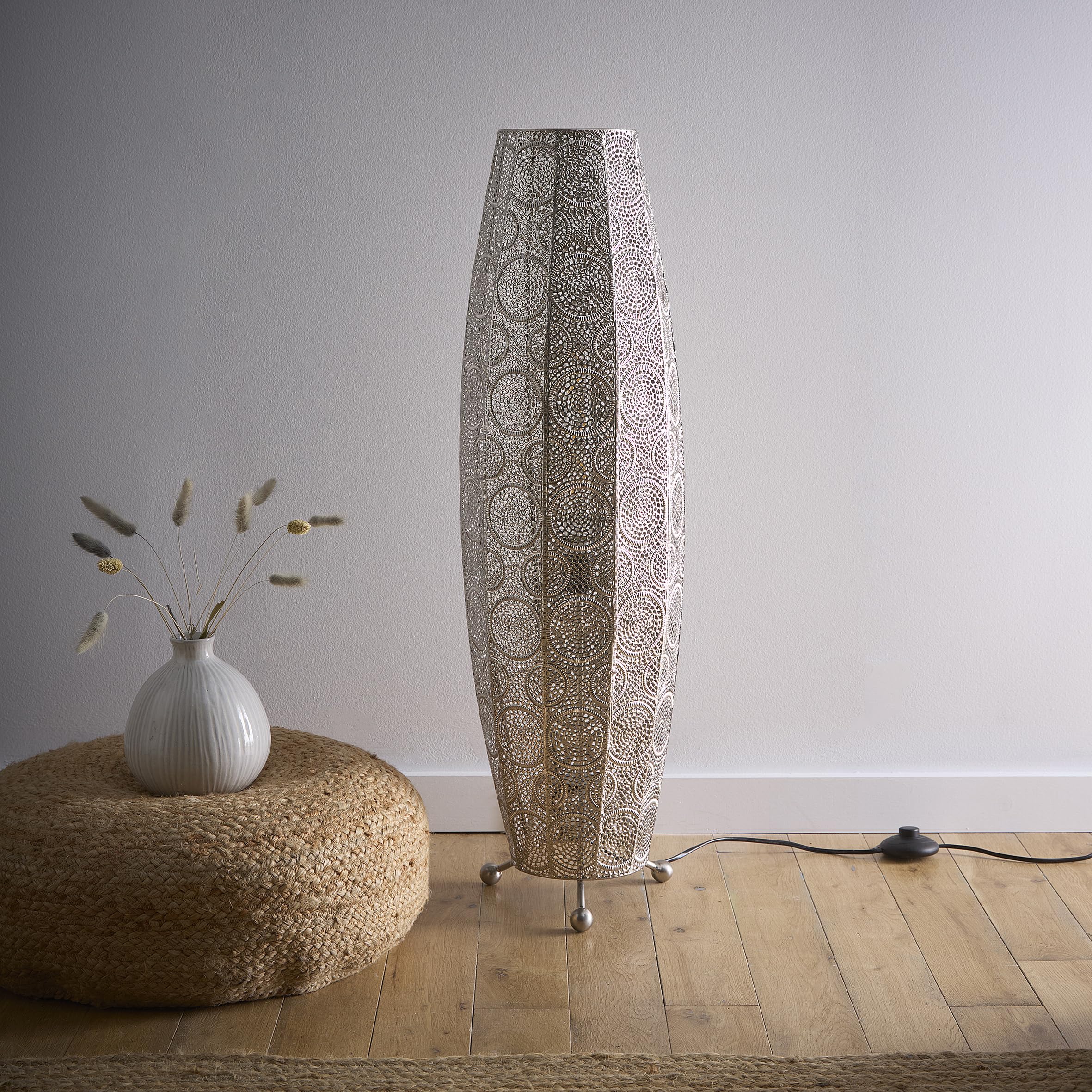 K Living  Silver Aziza Moroccan Style Satin Nickel Floor Lamp, Sports Direct