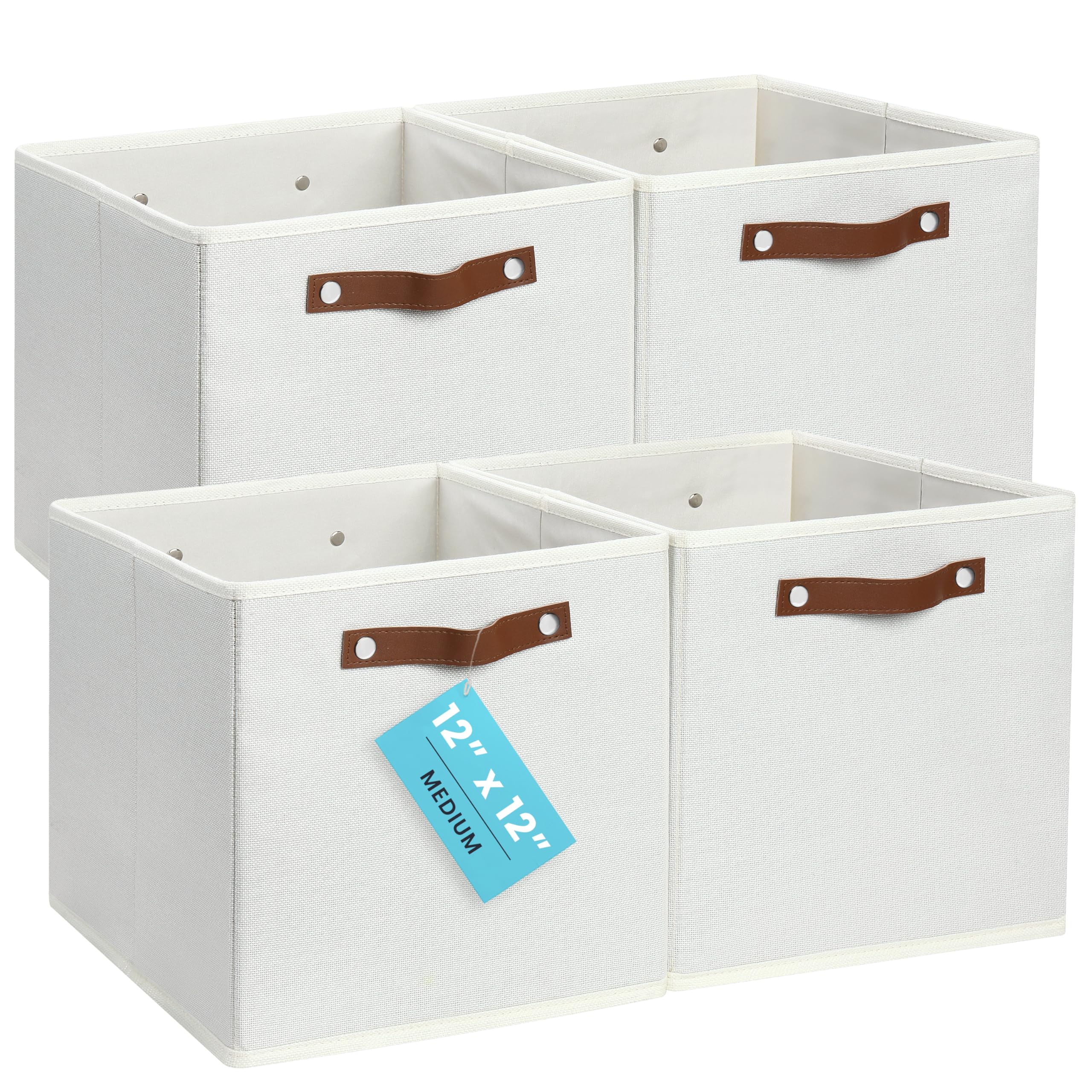 OrganiHaus White 12" x 12" x 12" Fabric Cube Storage Bins - Set of 4, Cube Fabric Organizer Bins with Vegan Handles, Kallax Storage Cubes, Cubbies