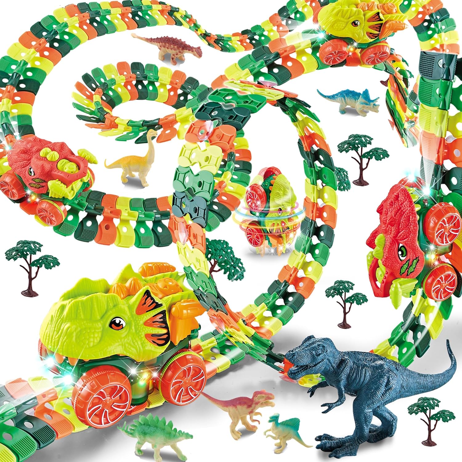 Dinosaur Toys Race Track, 184PCS Flexible Track Playset for Kids with 2 Dino Car Shells 7 Dinosaur Toys, 360° Loop Anti Gravity Race Car with Lights, Birthday Gifts for 3 4 5 6 7 Years Boys Girls