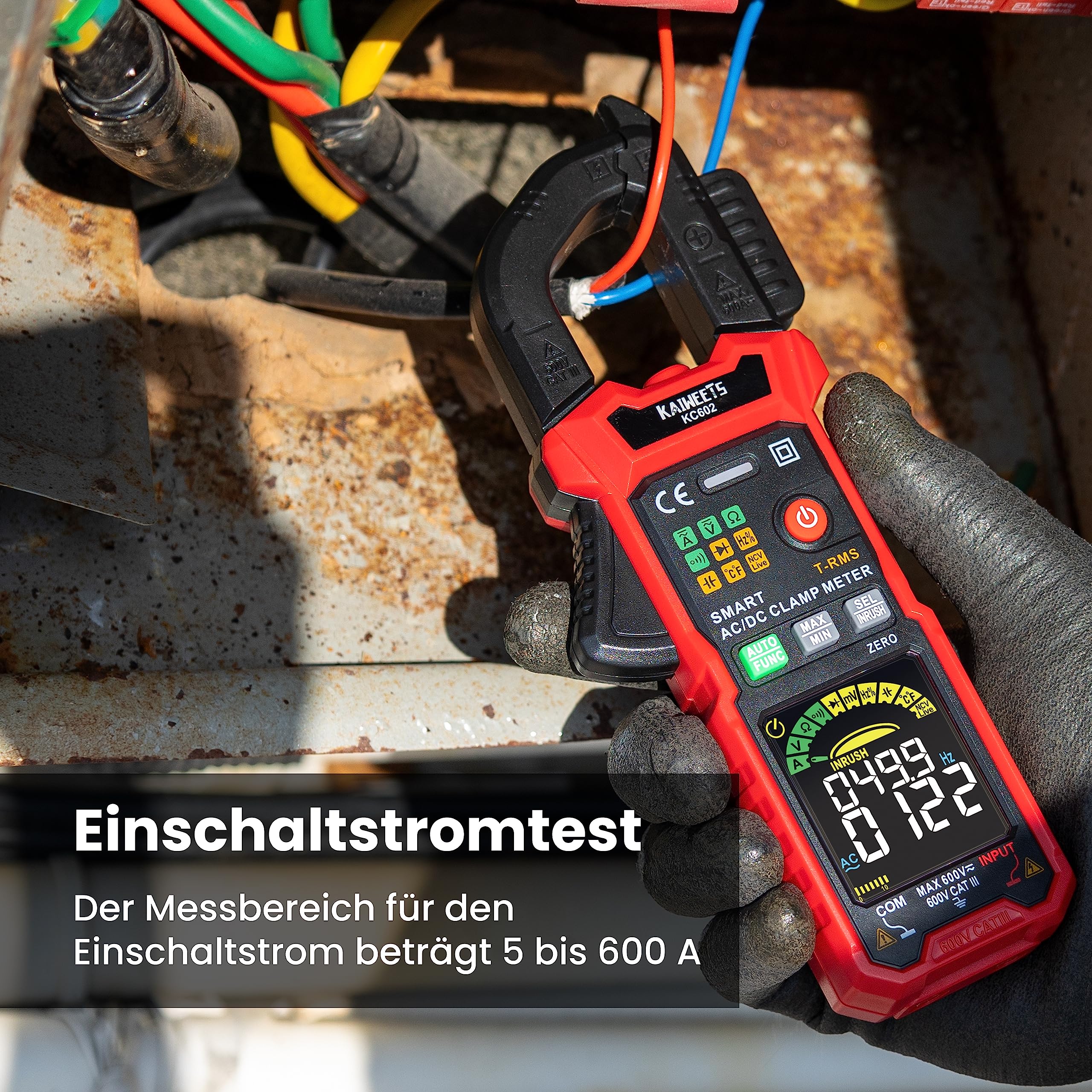 KAIWEETS KC602 Intelligente Stromzange, Strommessgerät AC/DC-Strom:0-600A, Zangenmultimeter mit Automatischer Kalibrierung, True-RMS 6000 Zählungen Auto-Ranging, misst Spannung Kapazität Durchgang.