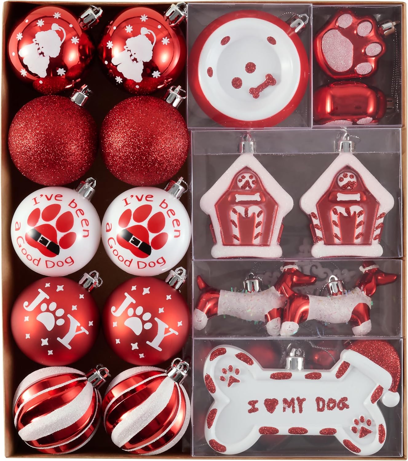 DecorbyHannah Red White Christmas Ornaments Set, 40ct Assorted Unique Dog Theme Christmas Tree Decorations, Shatterproof Hanging Ball Ornaments Bulk for Xmas Modern Home Party Holiday Table Decor
