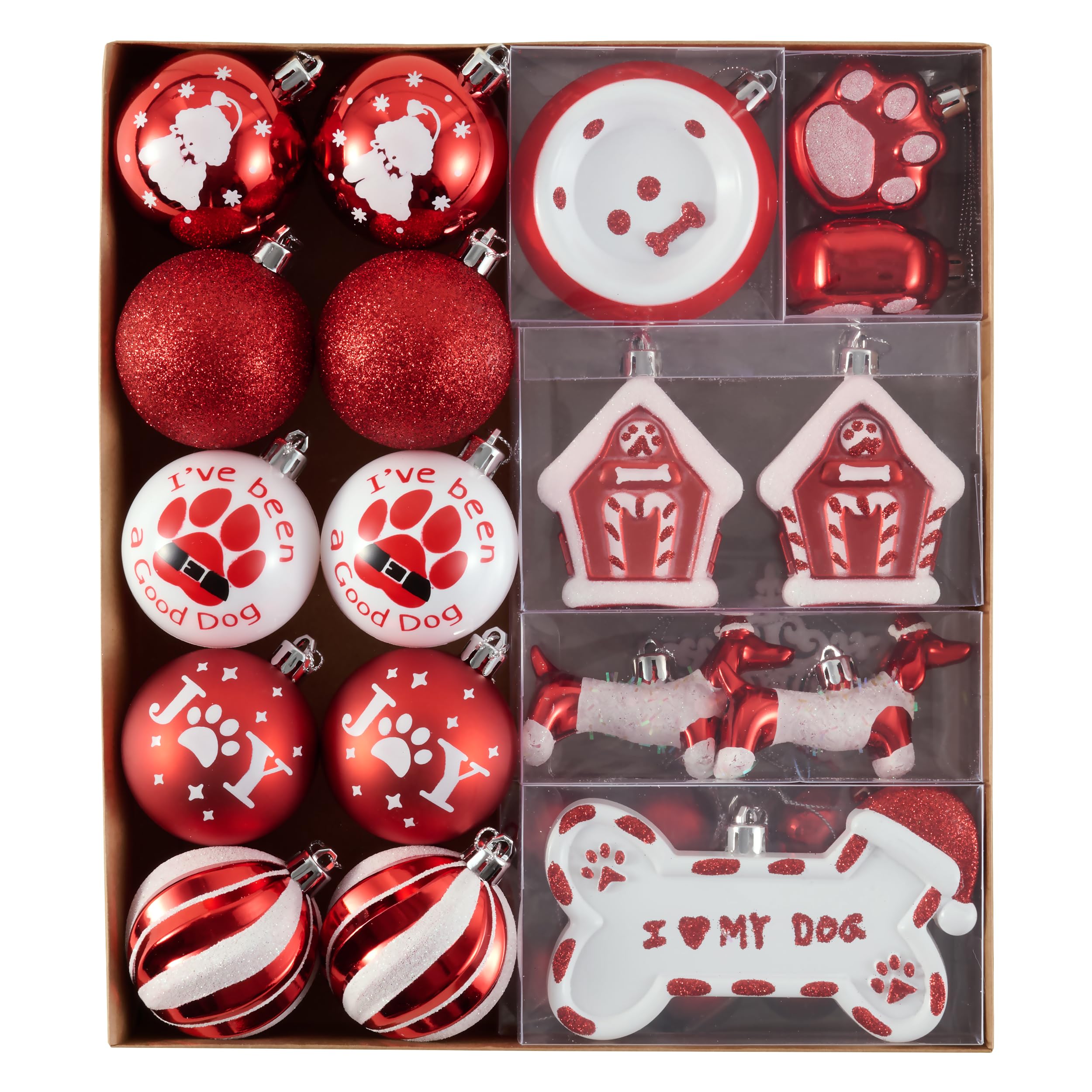 DecorbyHannah Adornos de Navidad, 40 unidades, decoraciones de árbol rojo y blanco, juego de bolas de Navidad inastillables con temática de cachorros, bolas decorativas colgantes a granel para