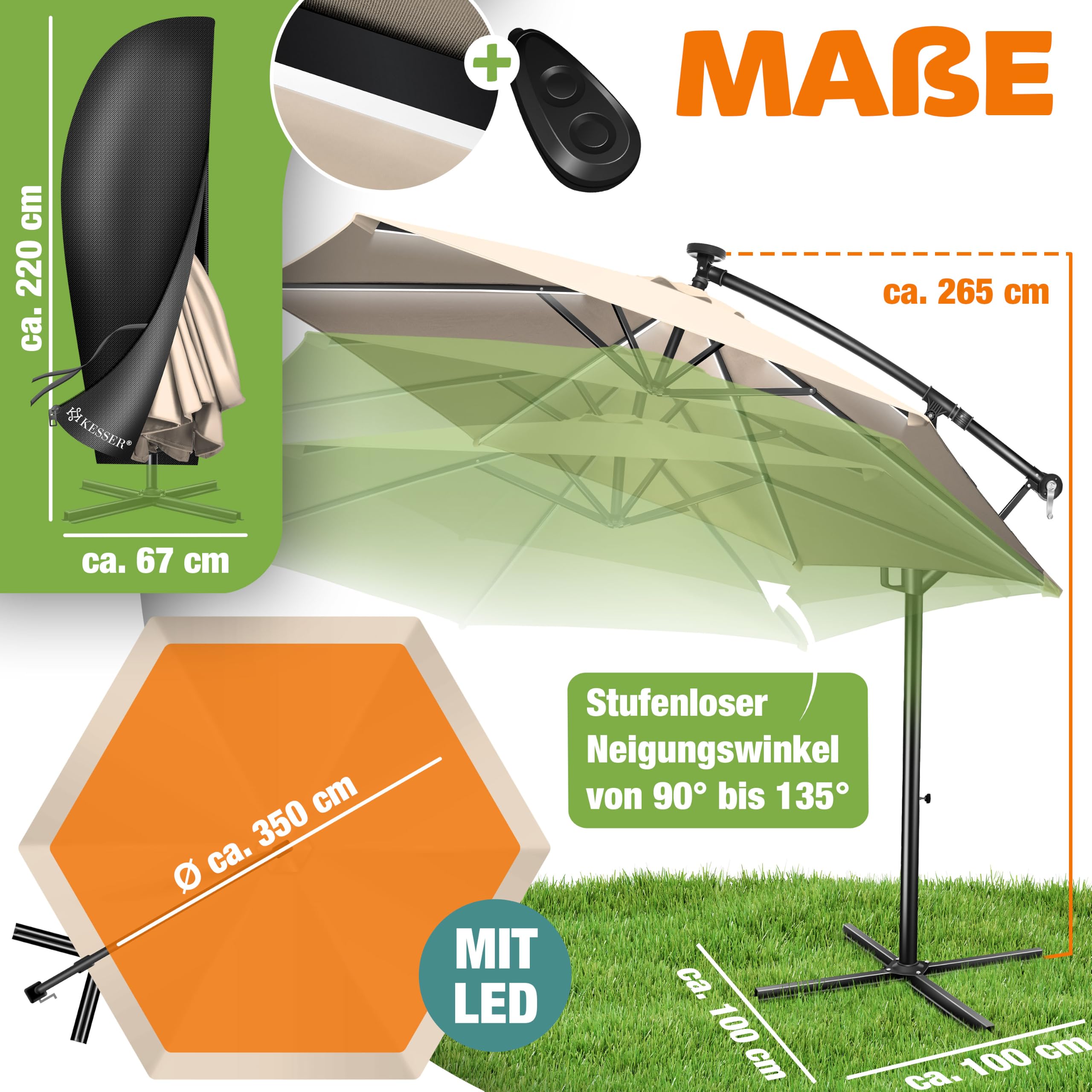 KESSER® Sombrilla LED Solar Aluminio 350cm Incluido Funda Control Remoto & Manivela | Parasol con Soporte Función 360° Protección UV Repelente Agua para Jardín Terraza Mercado Beige