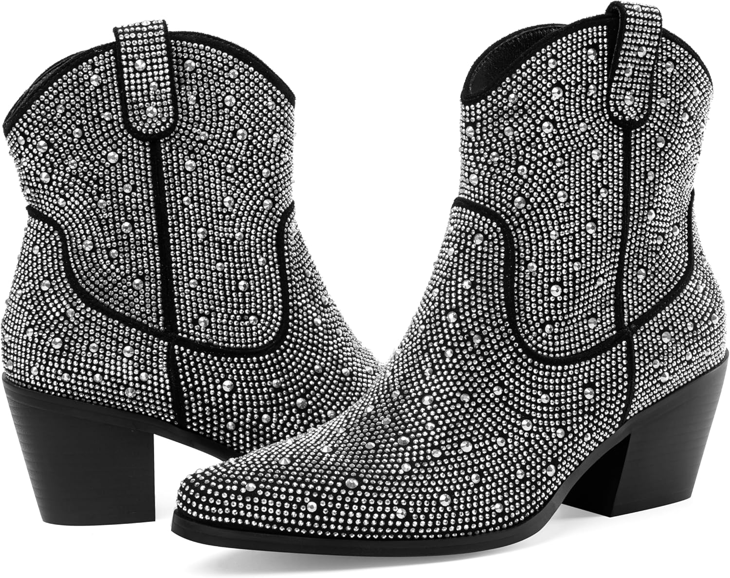Oh Mispares Women's Sparkly Glitter Rhinestone Cowboy Ankle Boots Western Pointed Toe Low Block Heel Cowgirl Booties with Zipper - Image 3