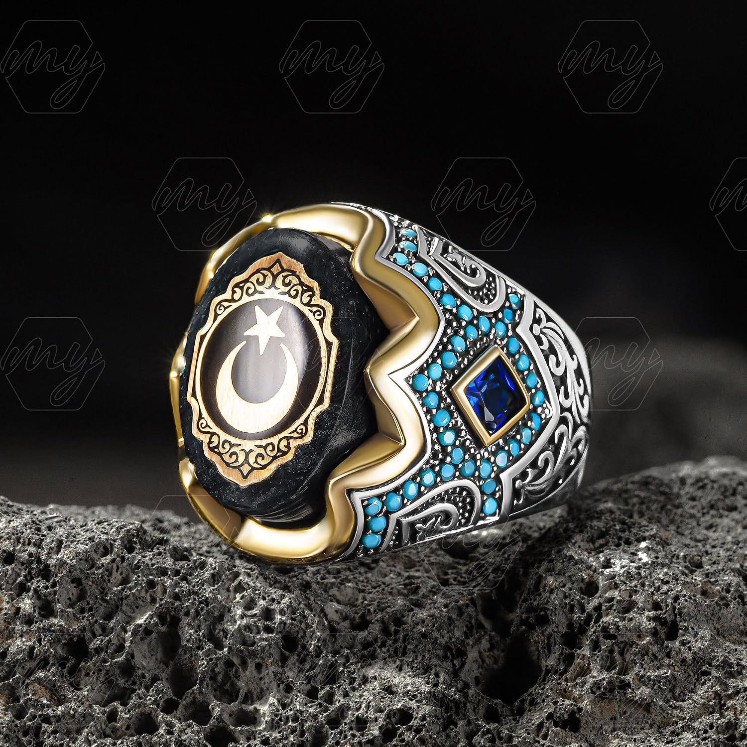 925 Sterling Silver Turquoise Details Crescent Moon Star Stone Men's Ring