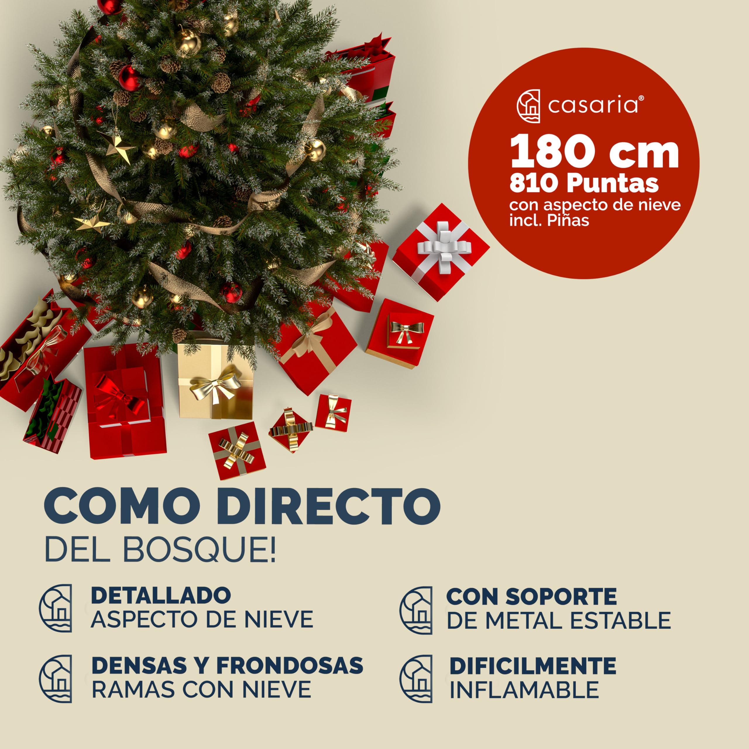 CASARIA® Árbol de Navidad Artificial Nevado Altura 180cm 810 Puntas con Soporte Agujas PVC Pino Arvore de Natal Decoración Navideña Exterior