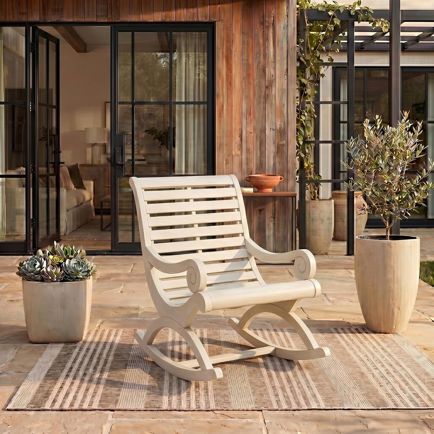 SAFAVIEH Outdoor - Sonora Rocking Chair - White Washed - Solid Wood - Transitional British Slatted Design - Ideal for Patio, Deck, Porch, Backyard, 17.7" Seat Height (PAT7016C)