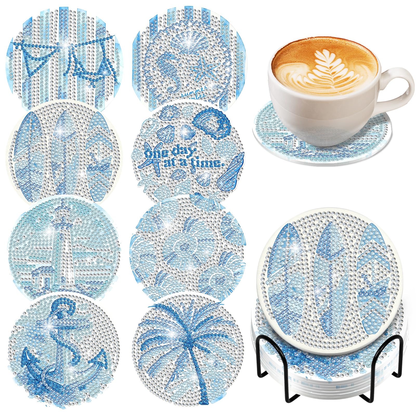 8Pcs Beach Diamond Art Coasters Set for Adults with Holder for Drink 4x4in