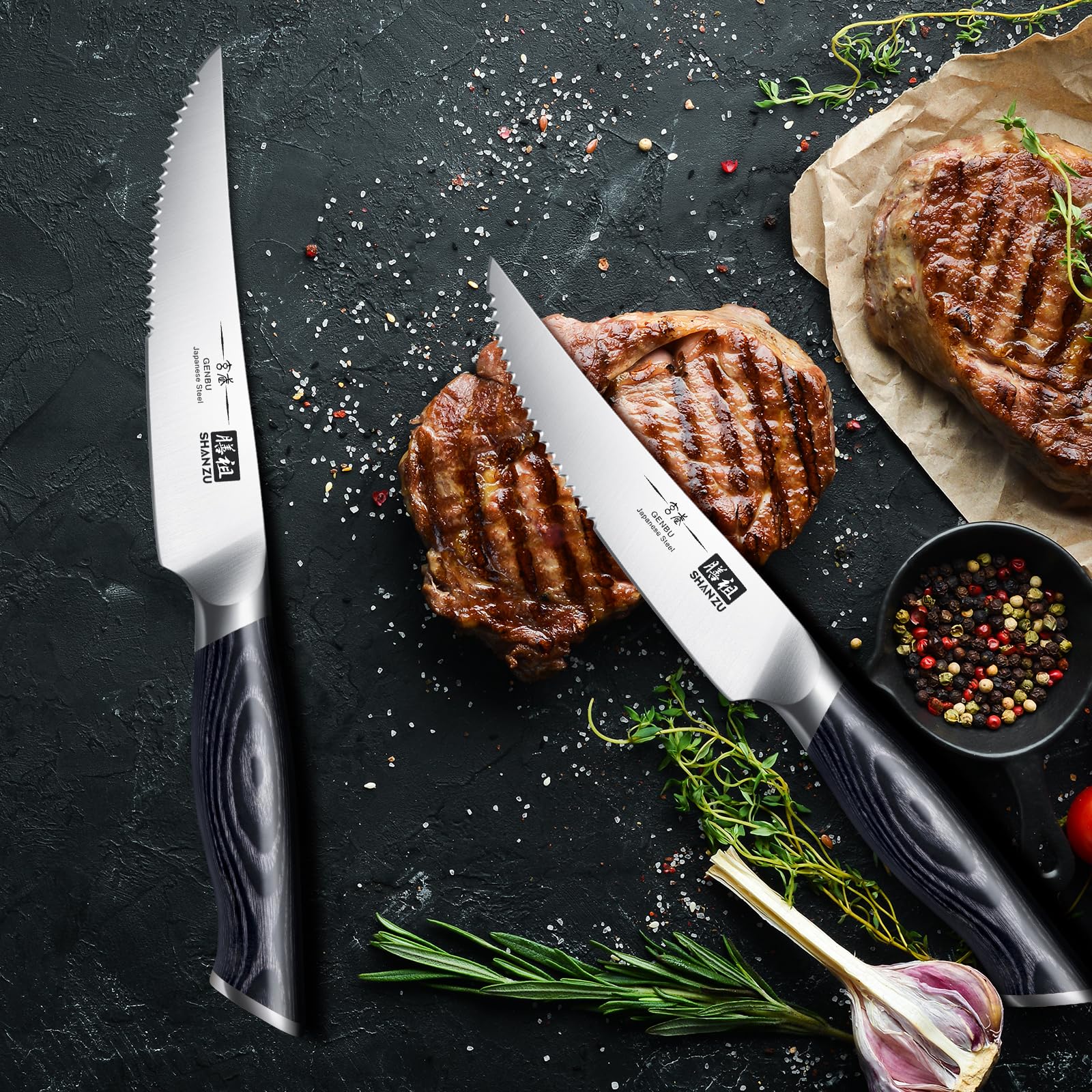 SHAN ZU Couteaux à Steak 6 Pièces, Set de Table, Lame Ultra-Fine Acier Inoxydable, Manche Bois K133 Série Genbu